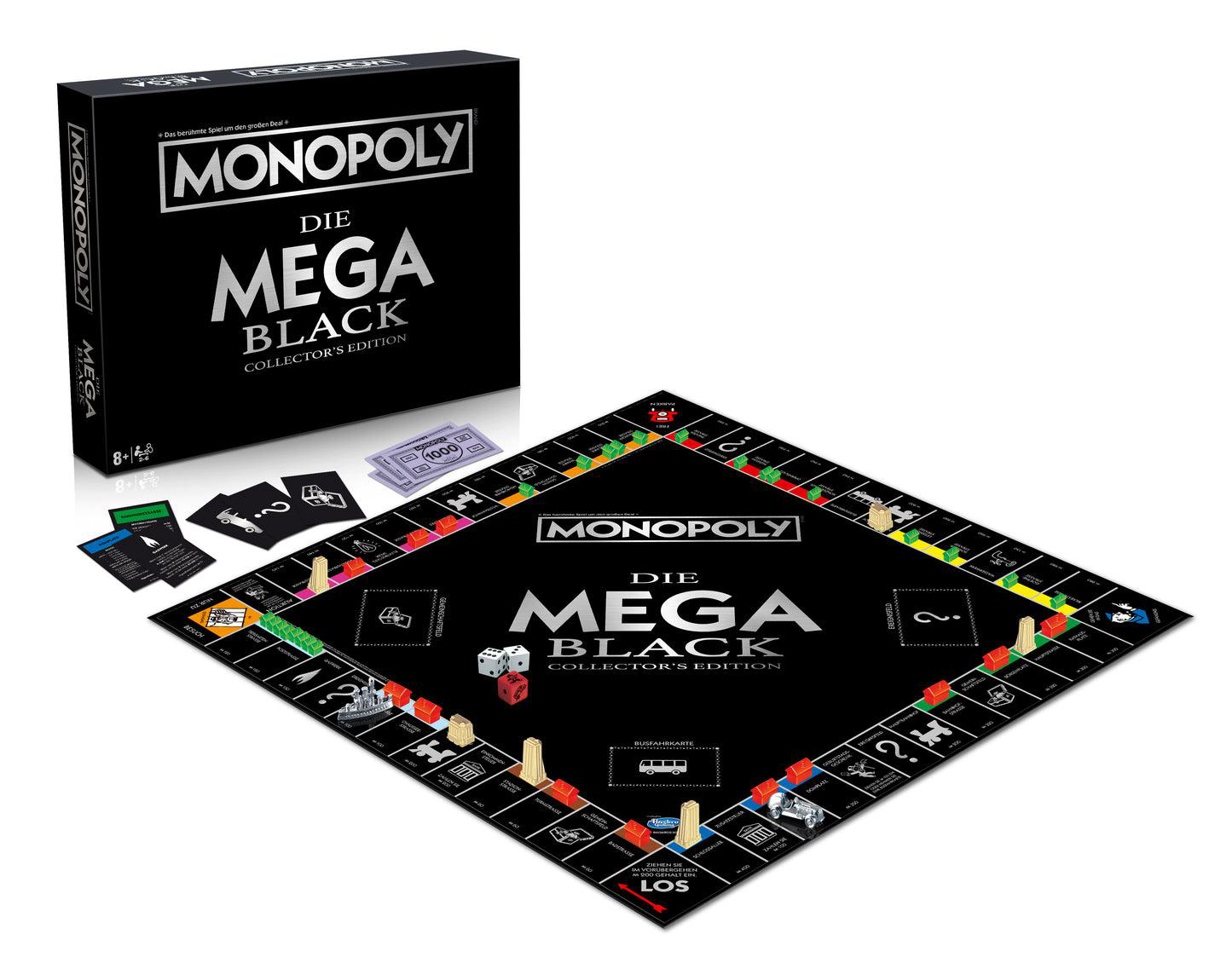 Monopoly Mega Black Collector's Edition Spiel. Auf weißem Hintergrund sind Schachtel, Spielbrett, Karten, Würfel und Spielgeld zu sehen.