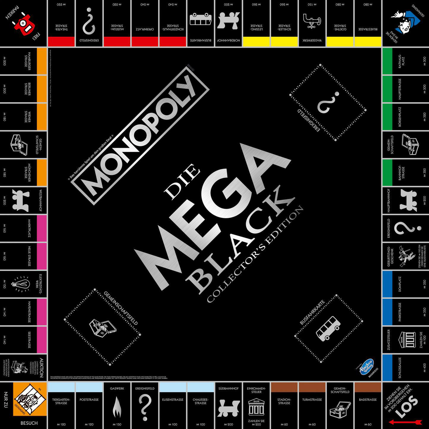 Monopoly-Brettspiel. Das Brett ist schwarz, mit Immobilienfeldern, Chance und Gemeinschaftskasse. In der Mitte steht 'Die Mega Black'.