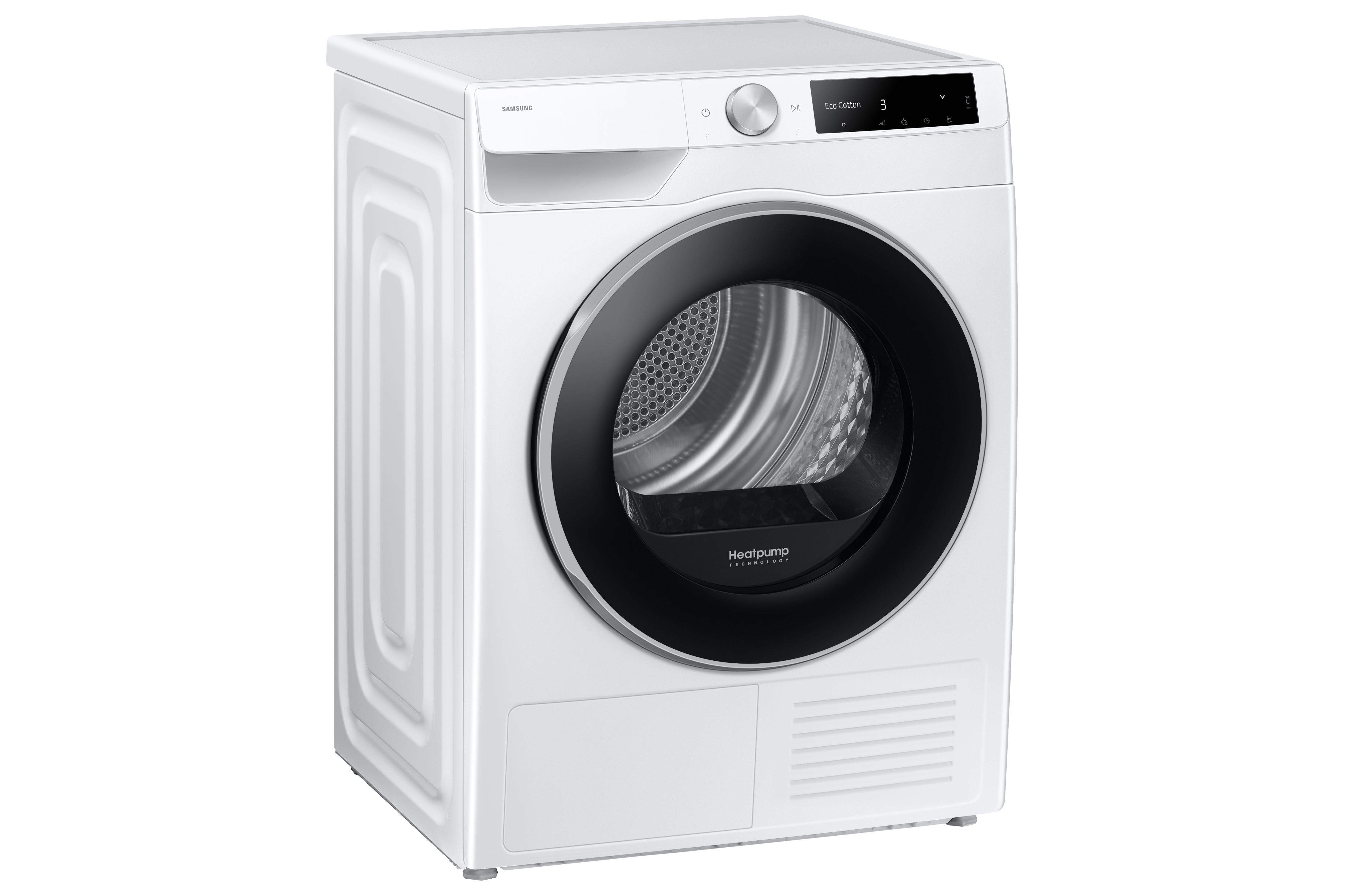 Ein weißer Samsung-Trockner. Er hat eine schwarze Tür und ein digitales Display. Die Worte "Heatpump Technology" sind sichtbar.