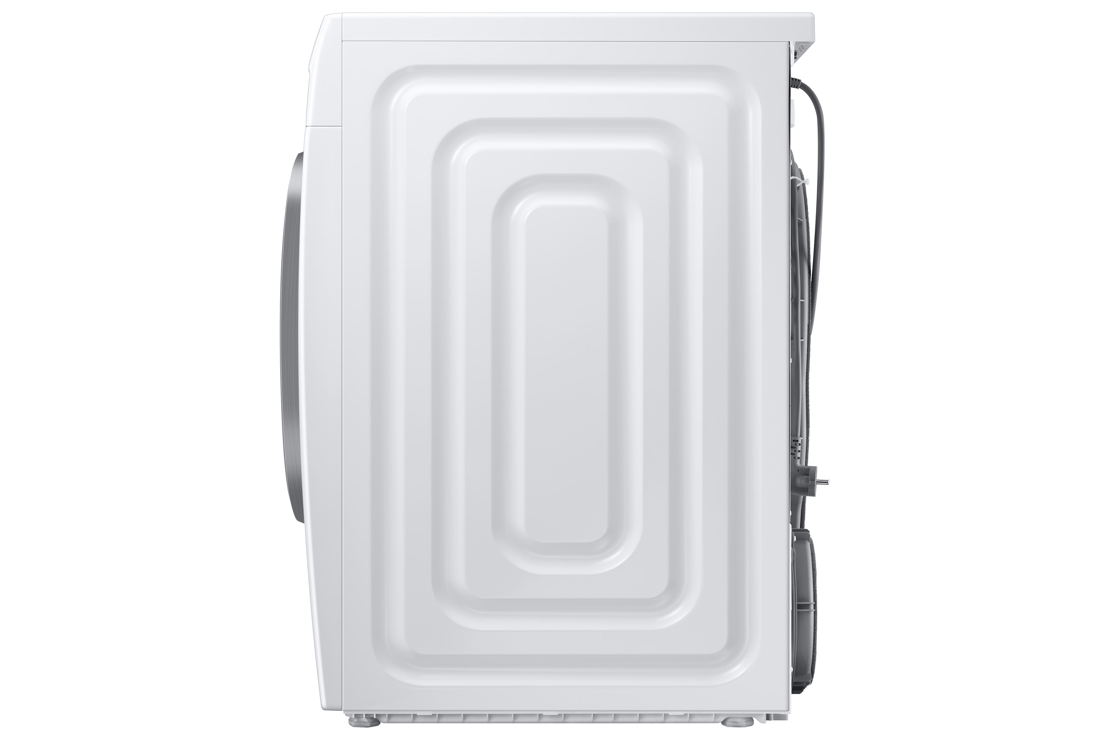 Seitenansicht einer weißen Waschmaschine. Sie hat ein eingelassenes Panel-Design und eine silberfarbene Tür.