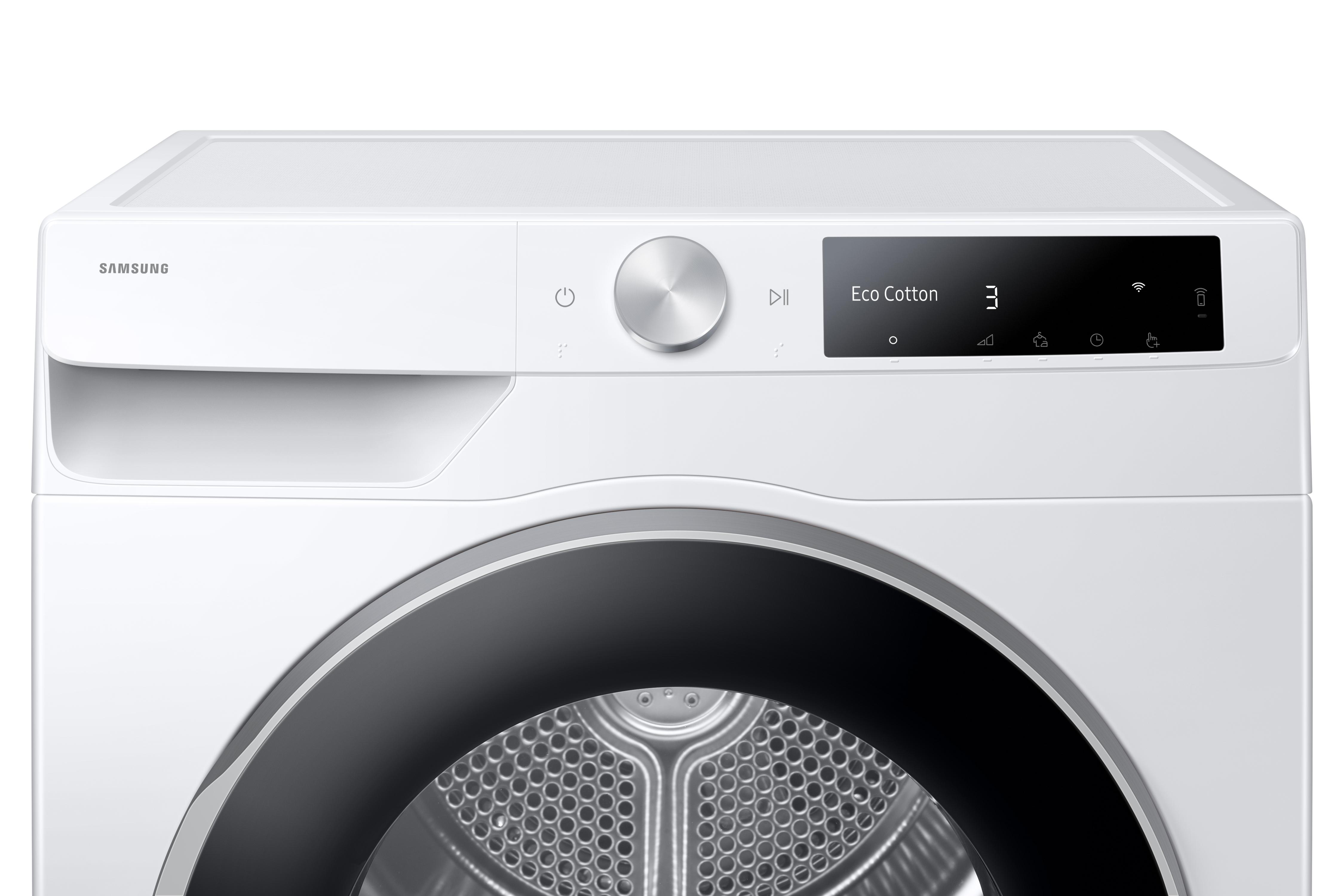 Weißer Samsung Trockner mit schwarzer Tür. Er hat ein Bedienfeld mit Display und Drehknopf.