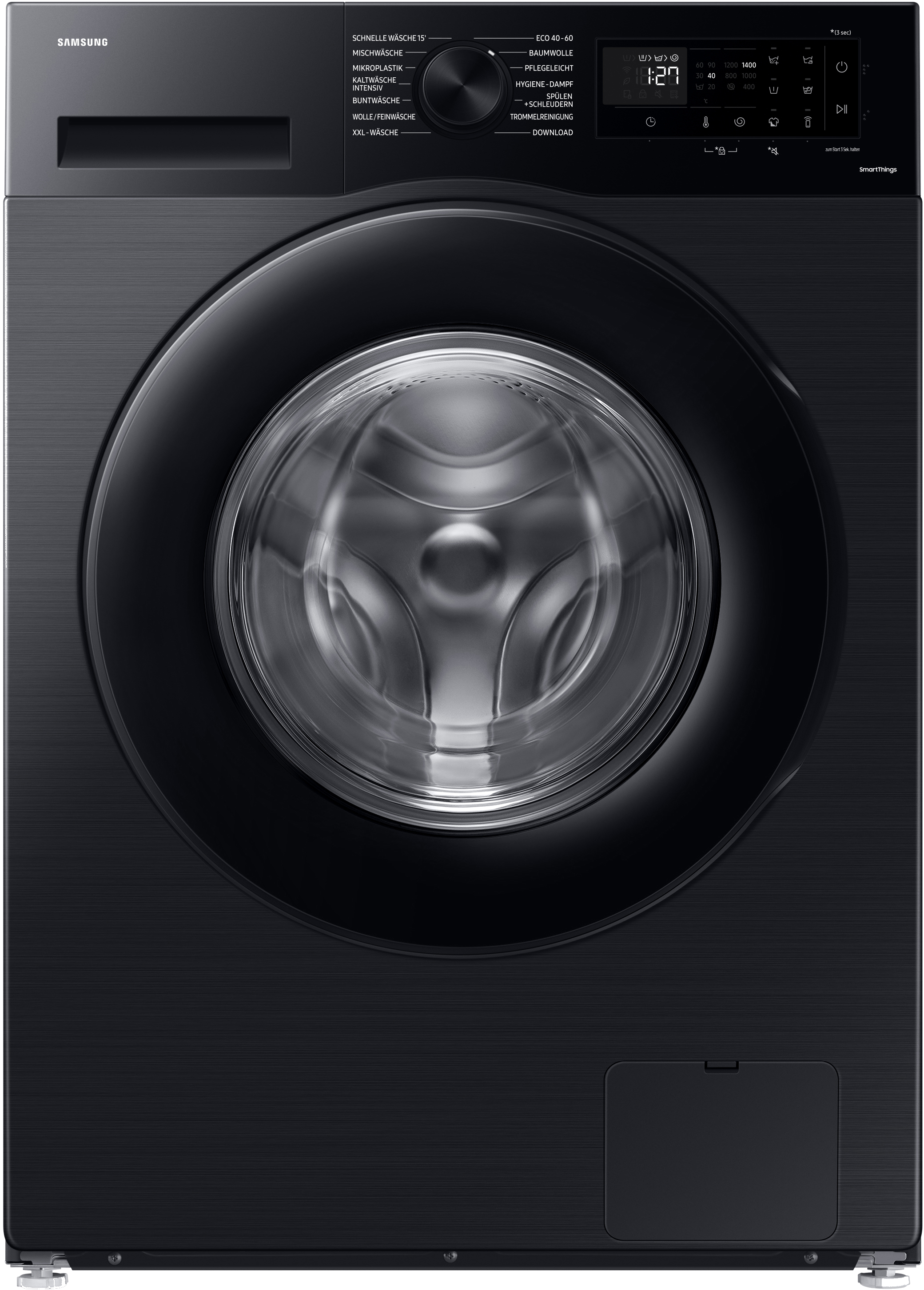 Schwarze Samsung Waschmaschine mit Bedienfeld und runder Tür.