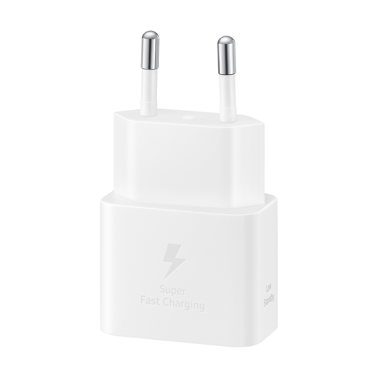Un adattatore Samsung Super Fast Charging bianco. Ha due spine argentate e un simbolo di fulmine.