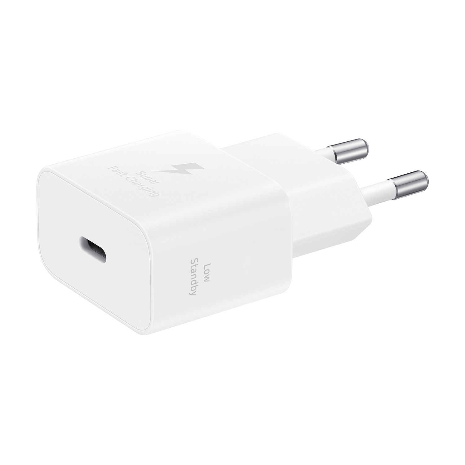Un caricabatterie Samsung bianco con porta USB-C. Ha due spine argentate per collegare alla presa a muro e la scritta 'Super Fast Charging'.
