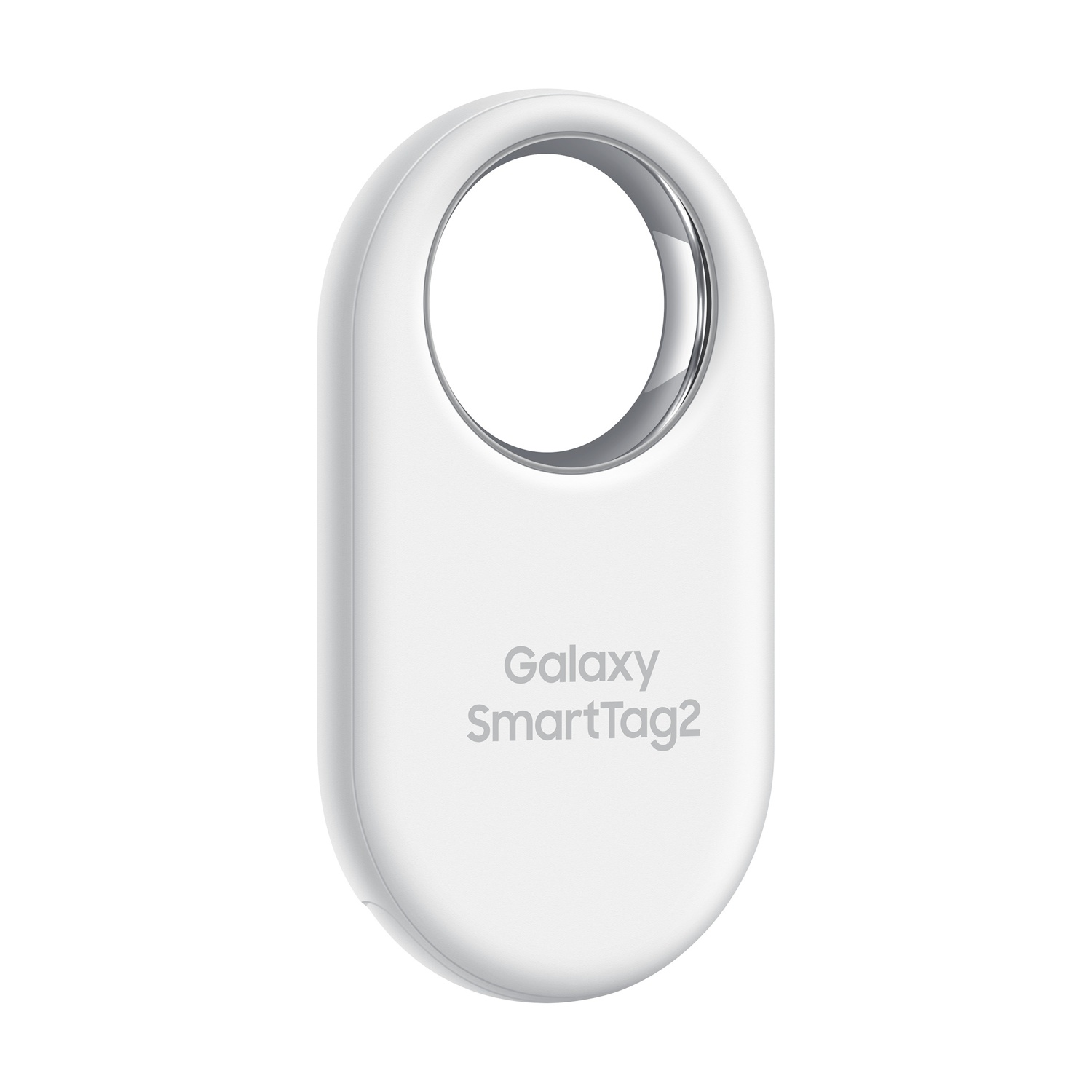 Un dispositivo Galaxy SmartTag2 bianco. Ha un anello nella parte superiore e il marchio stampato.