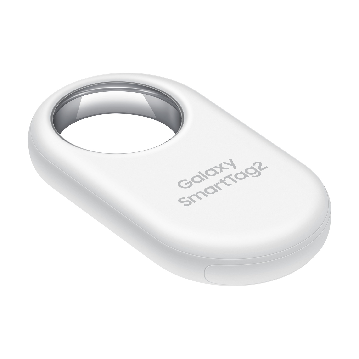 Un dispositivo Galaxy SmartTag2 bianco. Ha una forma ovale con un foro in alto. Il logo è argentato.
