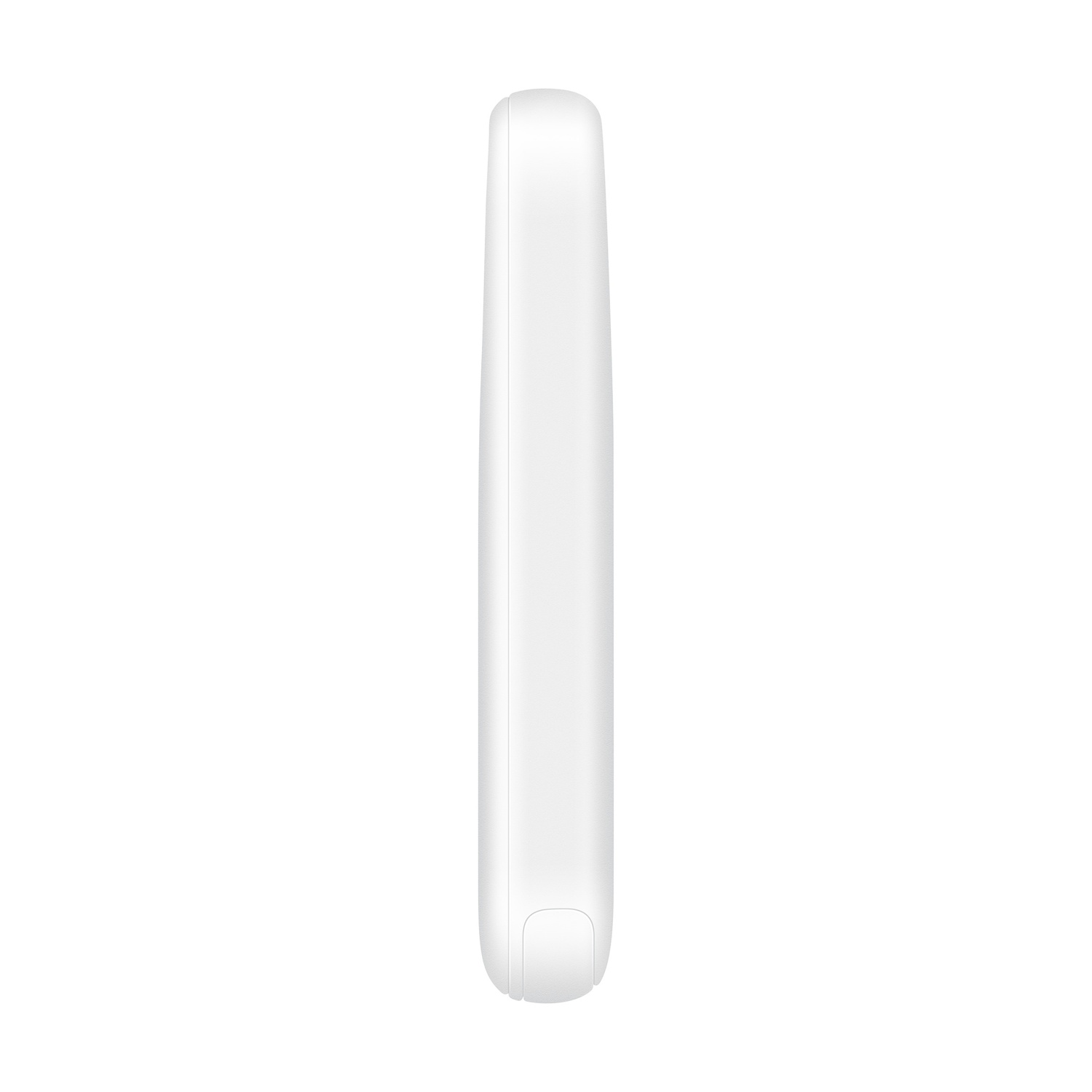 Un dispositivo bianco e rettangolare, forse un power bank, è in verticale su sfondo bianco. Ha bordi arrotondati.