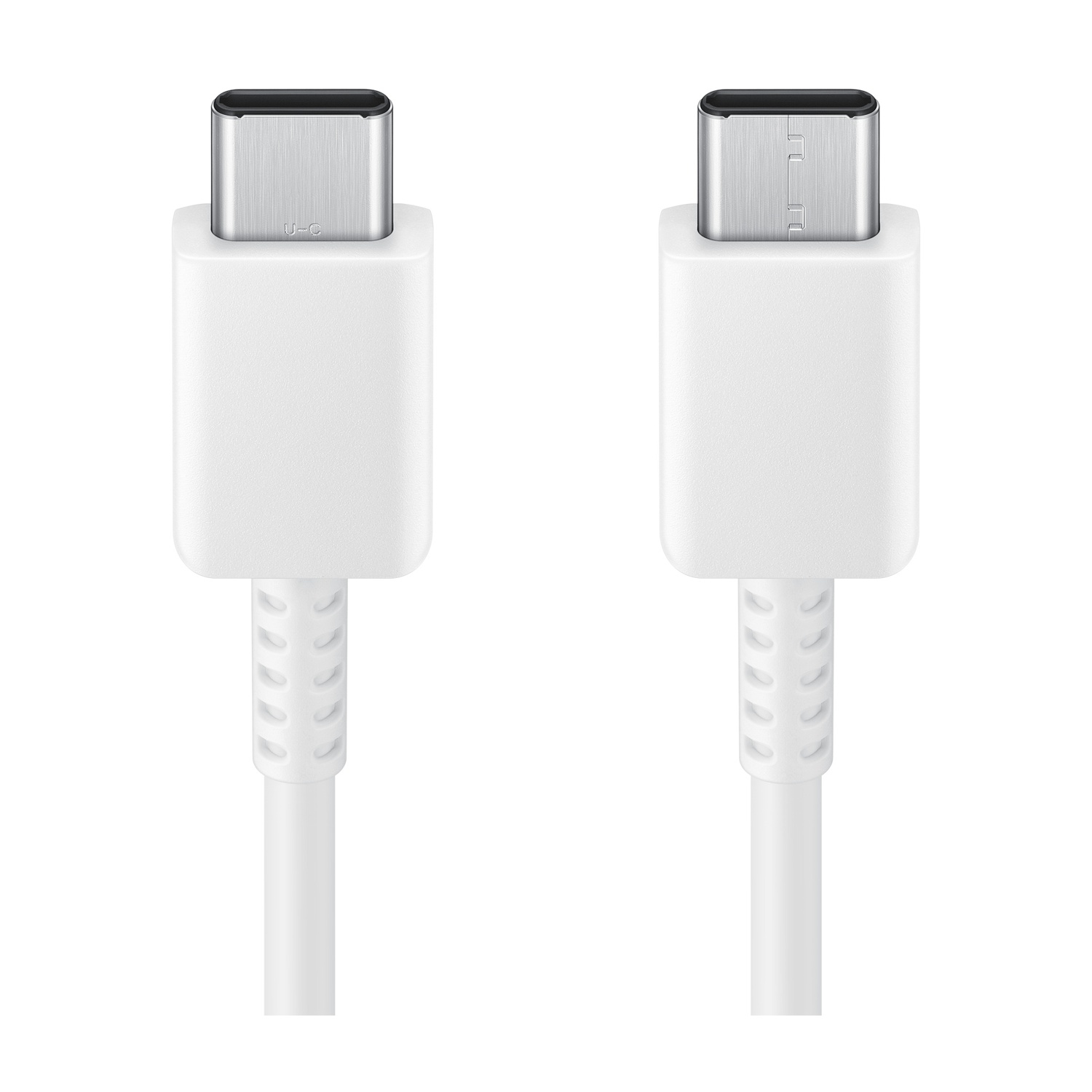 Due cavi USB-C bianchi affiancati su sfondo bianco. Ogni cavo ha un connettore rettangolare bianco.