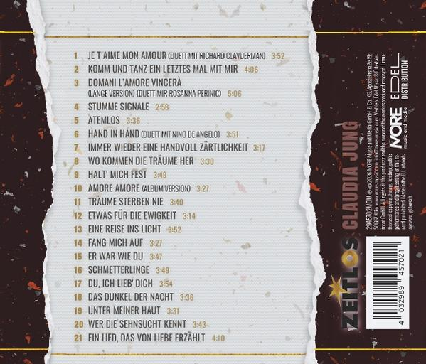 CD-Cover. Weißer Hintergrund mit schwarzen Songtiteln, Claudia Jungs Name und ein Barcode. Effekt von zerrissenem Papier.