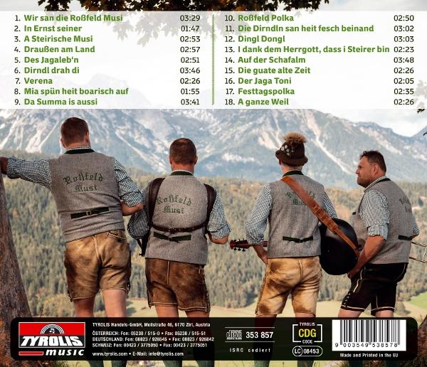 Vier Männer in traditioneller bayerischer Tracht stehen mit dem Rücken zur Kamera vor einem Bergpanorama. Albumcover mit Titelliste.