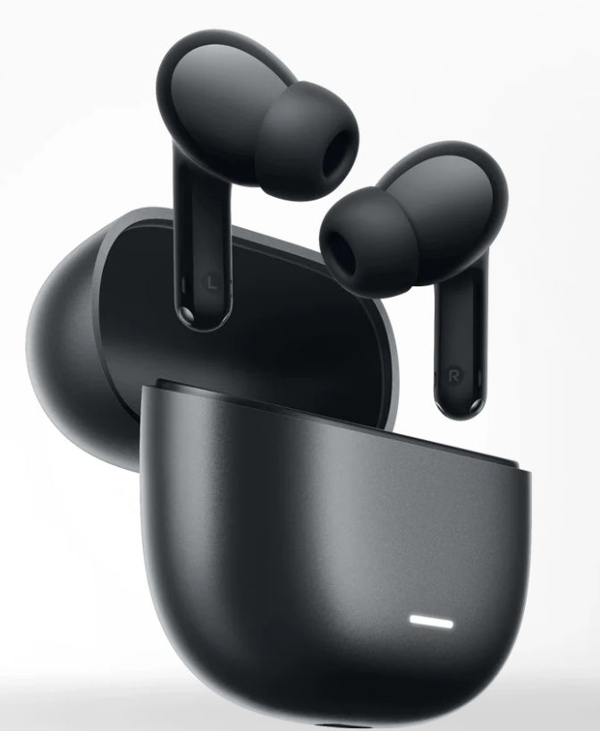 Czarne bezprzewodowe słuchawki z etui ładującym. Słuchawki umieszczone nad otwartym etui, z oznaczeniami 'L' i 'R'.