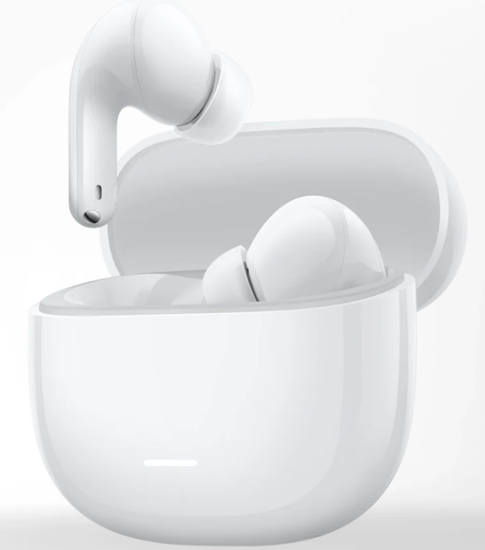 Białe bezprzewodowe słuchawki w etui ładującym. Jeden z pączków jest podniesiony. Etui jest otwarte, widać w nim drugą słuchawkę.