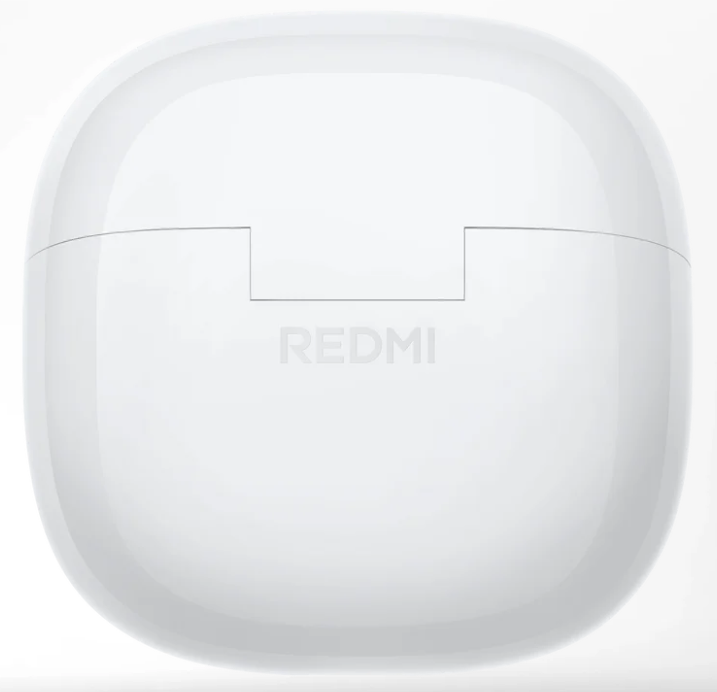 Białe, zaokrąglone etui na słuchawki Redmi. Nazwa marki jest widoczna na środku. Etui ma pokrywę z małym otworem.