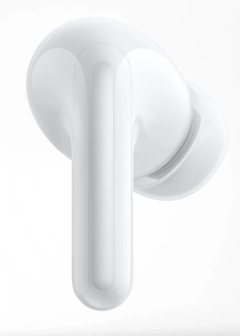 Biała słuchawka douszna, z zaokrągloną główką, długim trzonem i mniejszą końcówką douszną, na czystym białym tle.