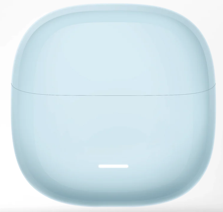 Jasnoniebieskie, owalne etui. Ma poziomą linię pośrodku i małe białe światło na dole.