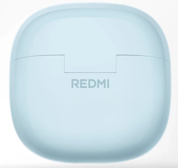 Jasnoniebieskie etui na słuchawki Redmi. Słowo REDMI jest wydrukowane na przodzie. Etui ma owalny kształt.