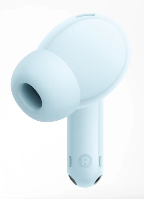 Jasnoniebieska bezprzewodowa słuchawka douszna na białym tle. Ma końcówkę douszną i trzon z oznaczeniem 'R' dla prawej strony.