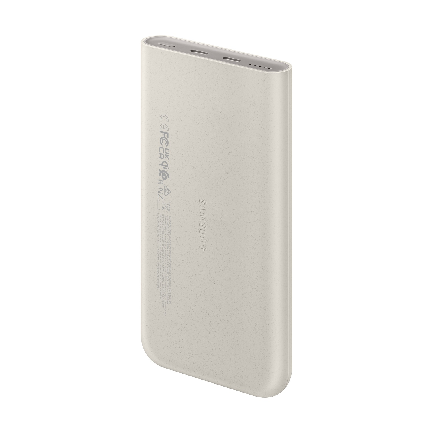 Un power bank Samsung beige su sfondo bianco. Ha bordi arrotondati, un pulsante di accensione e un indicatore di carica.