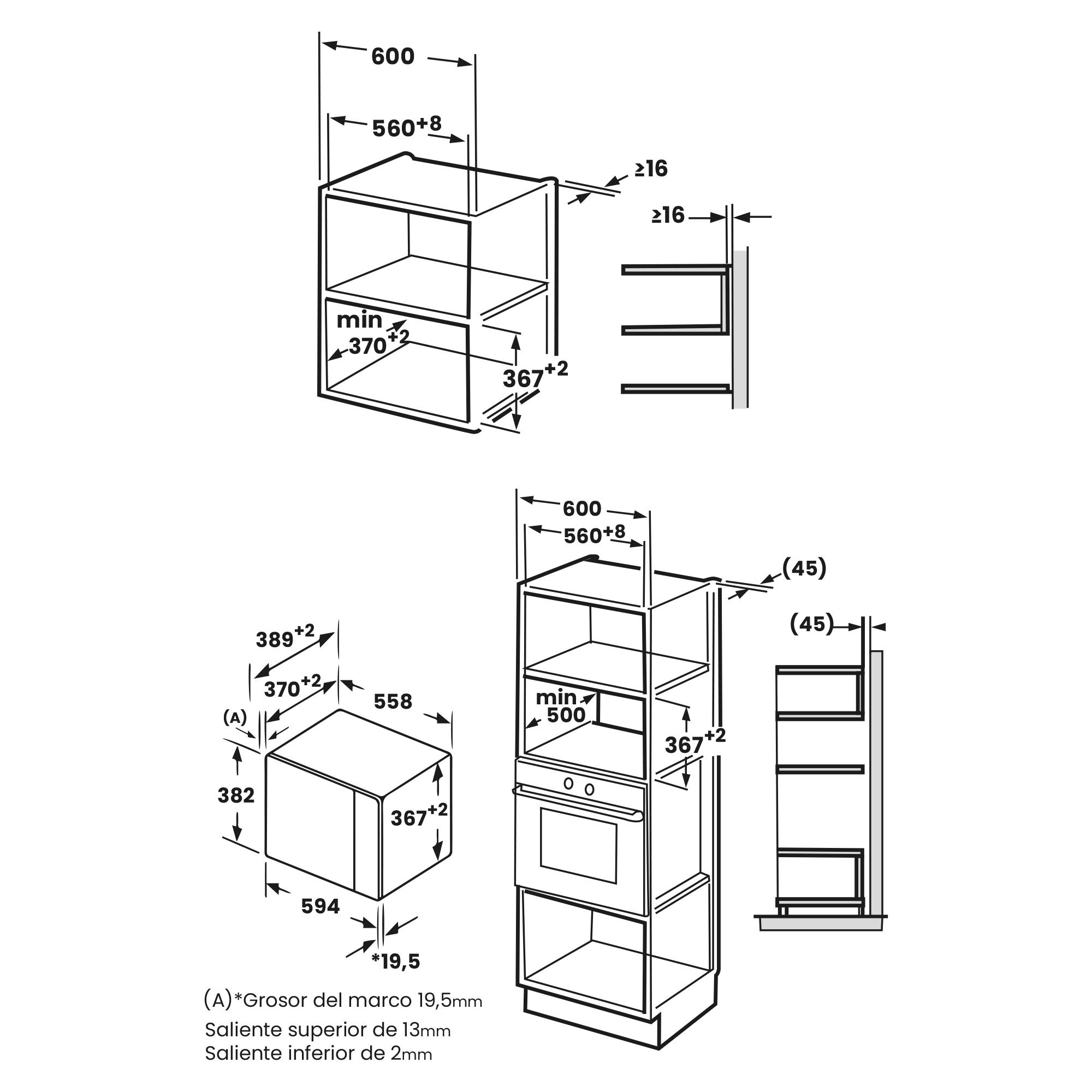 Diagrama de electrodomésticos de cocina con dimensiones. Se muestran unidades de horno y microondas con medidas en milímetros.