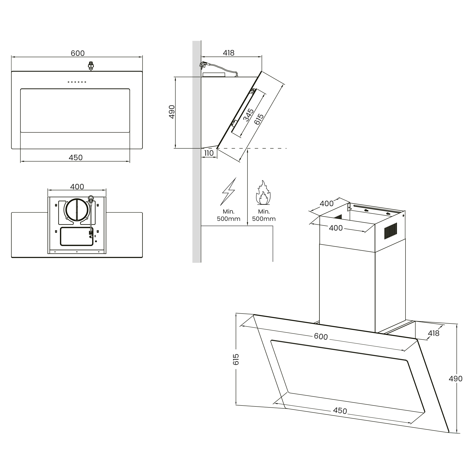 Dibujo técnico de una campana extractora, con dimensiones y detalles de las diferentes vistas.