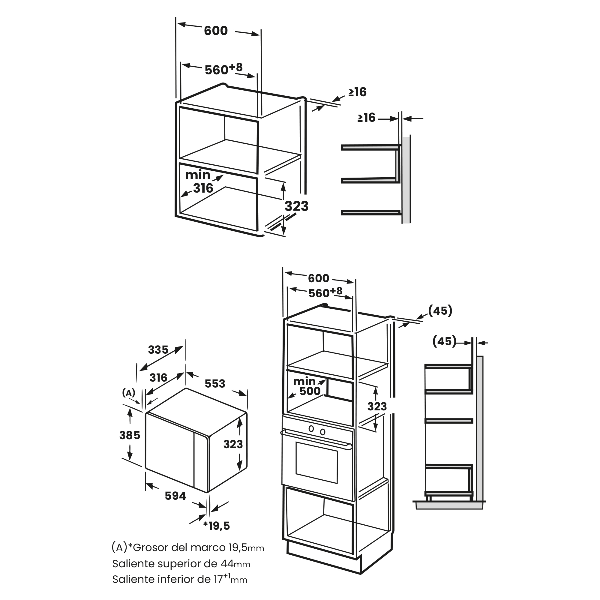 Dibujo técnico de horno y microondas empotrados con dimensiones en milímetros. Incluye vistas lateral y frontal.