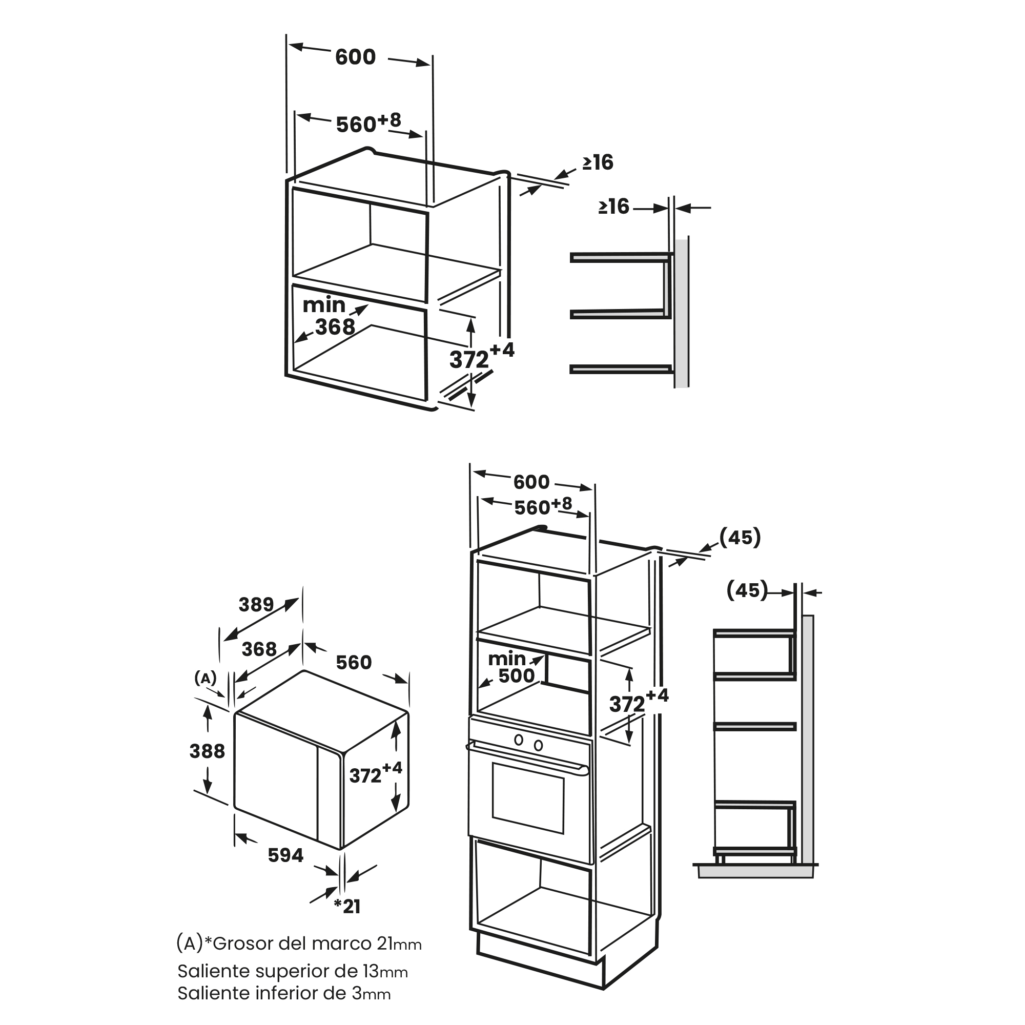 Diagrama de electrodomésticos de cocina empotrados con dimensiones en milímetros. Incluye horno y microondas.