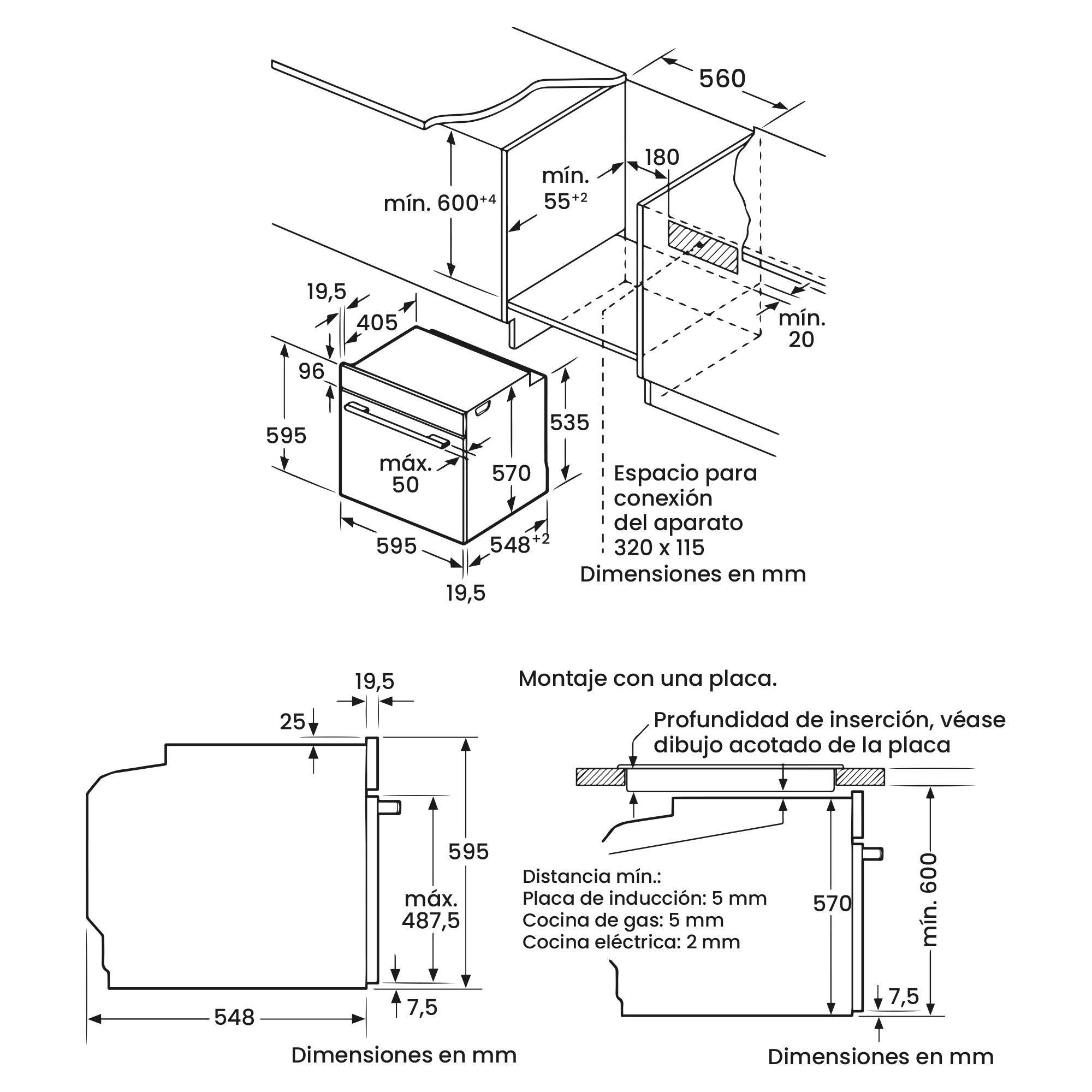 Dibujo técnico de un horno con medidas y detalles de instalación en español.