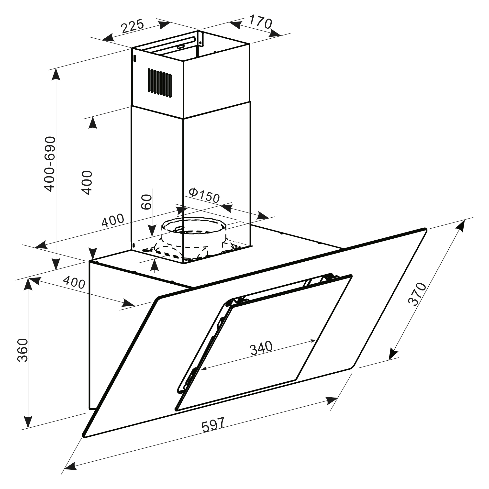 Un dibujo isométrico de una campana de cocina con dimensiones y ángulos etiquetados en líneas negras.