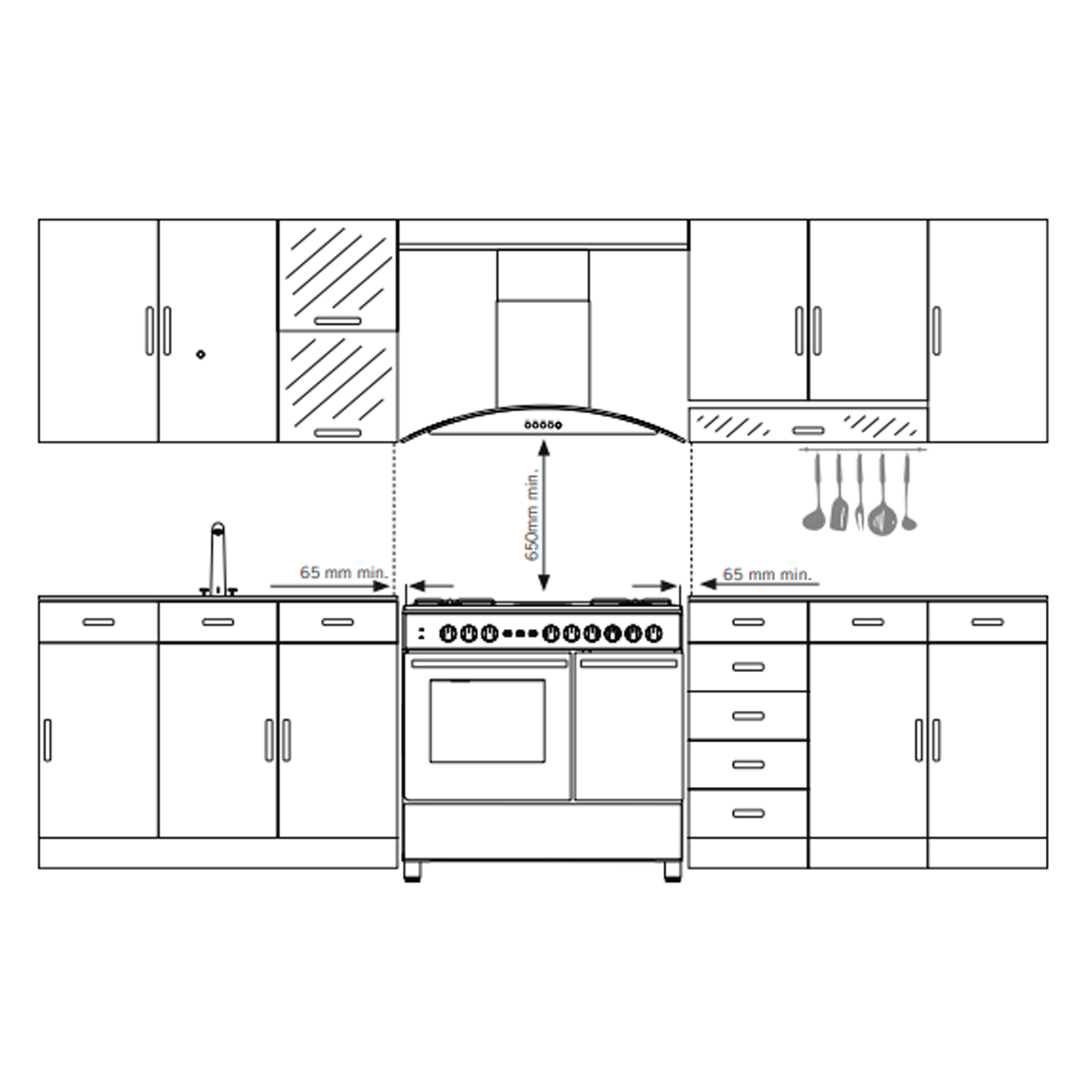 Diagrama de diseño de cocina con gabinetes, una estufa, una campana extractora y utensilios. Se indican dimensiones y espacios mínimos.