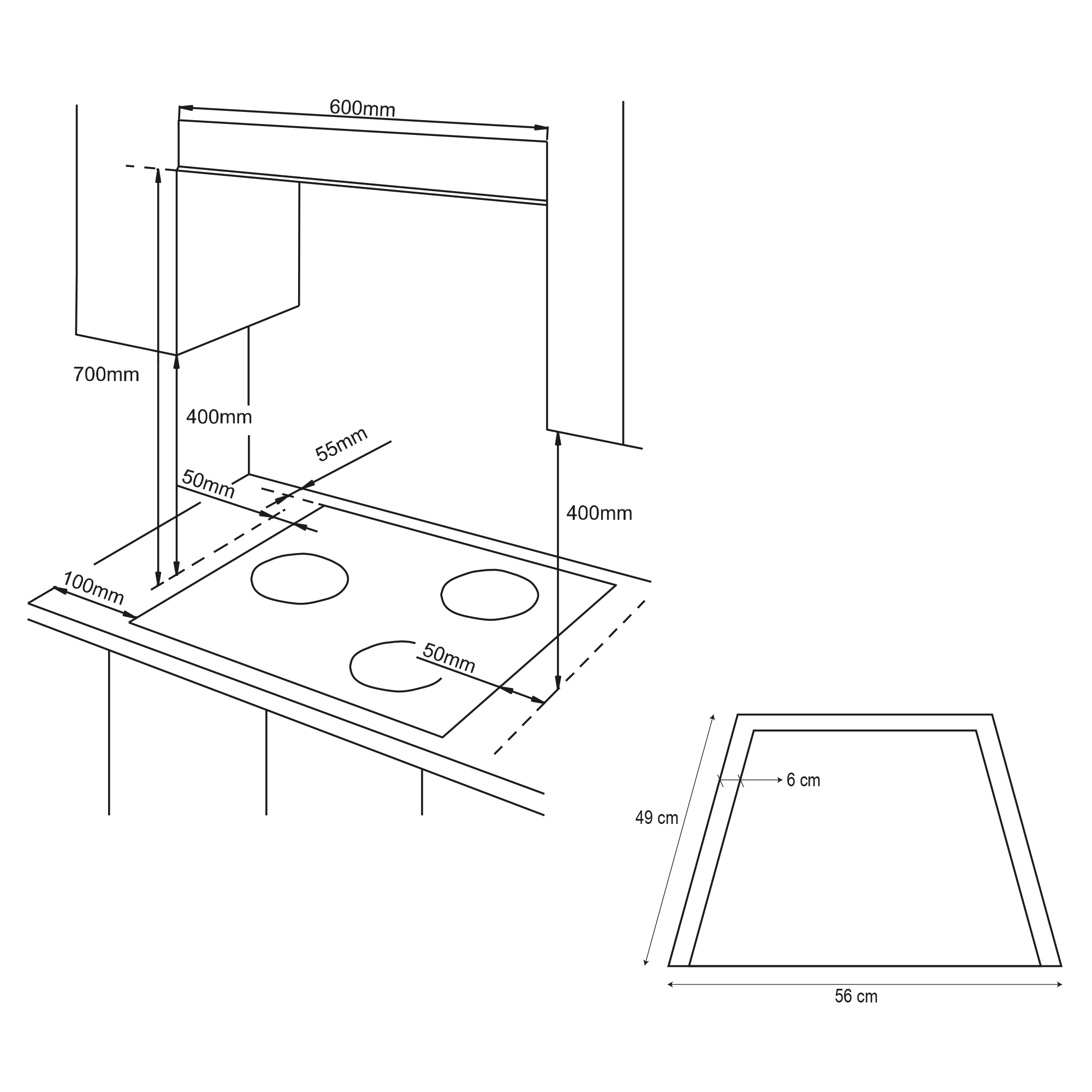 Diagrama de una placa de cocina y una campana extractora, con dimensiones en mm y cm. La placa tiene tres elementos circulares.