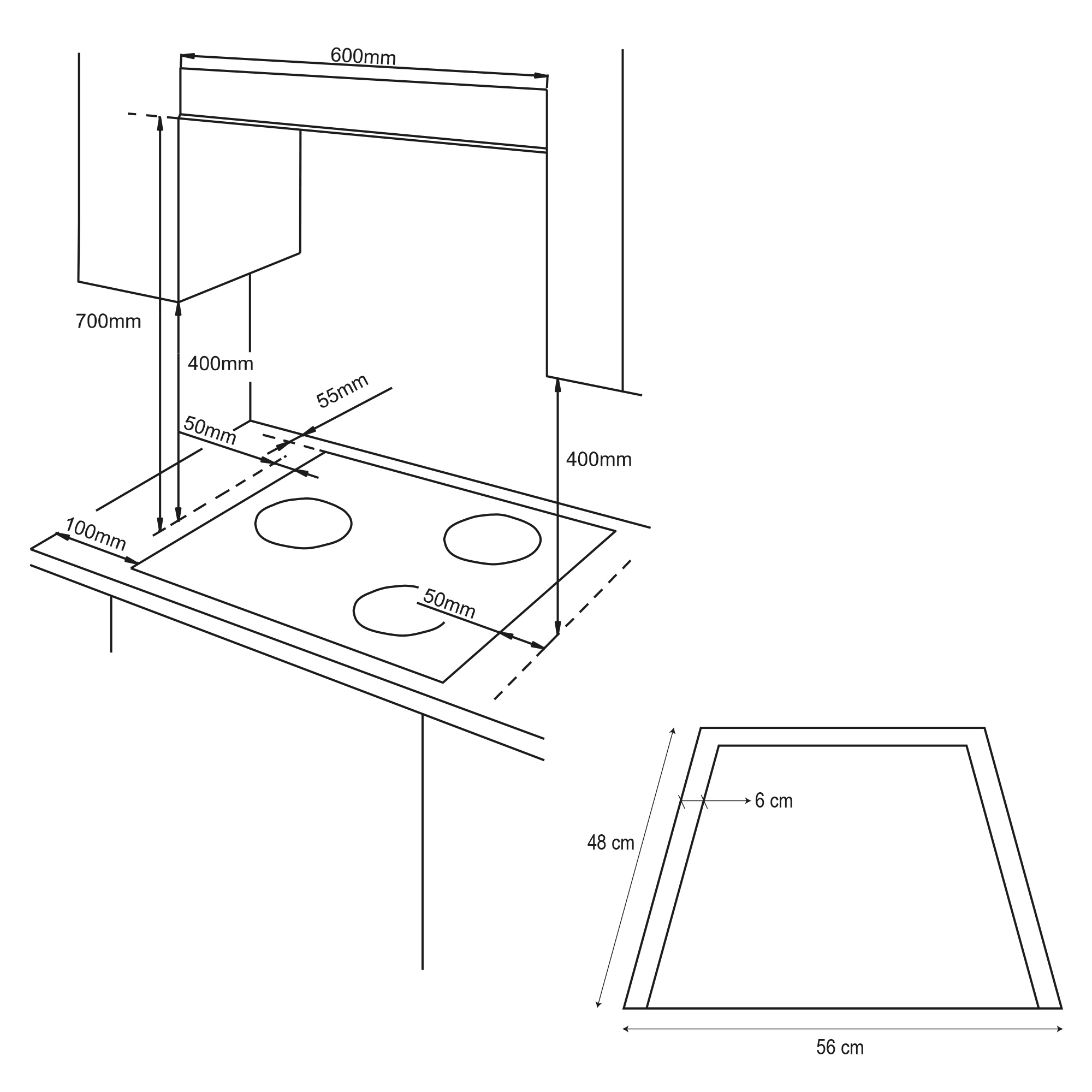 Diagrama de una encimera con dimensiones en mm y cm. Incluye una campana extractora y una forma trapezoidal con dimensiones.