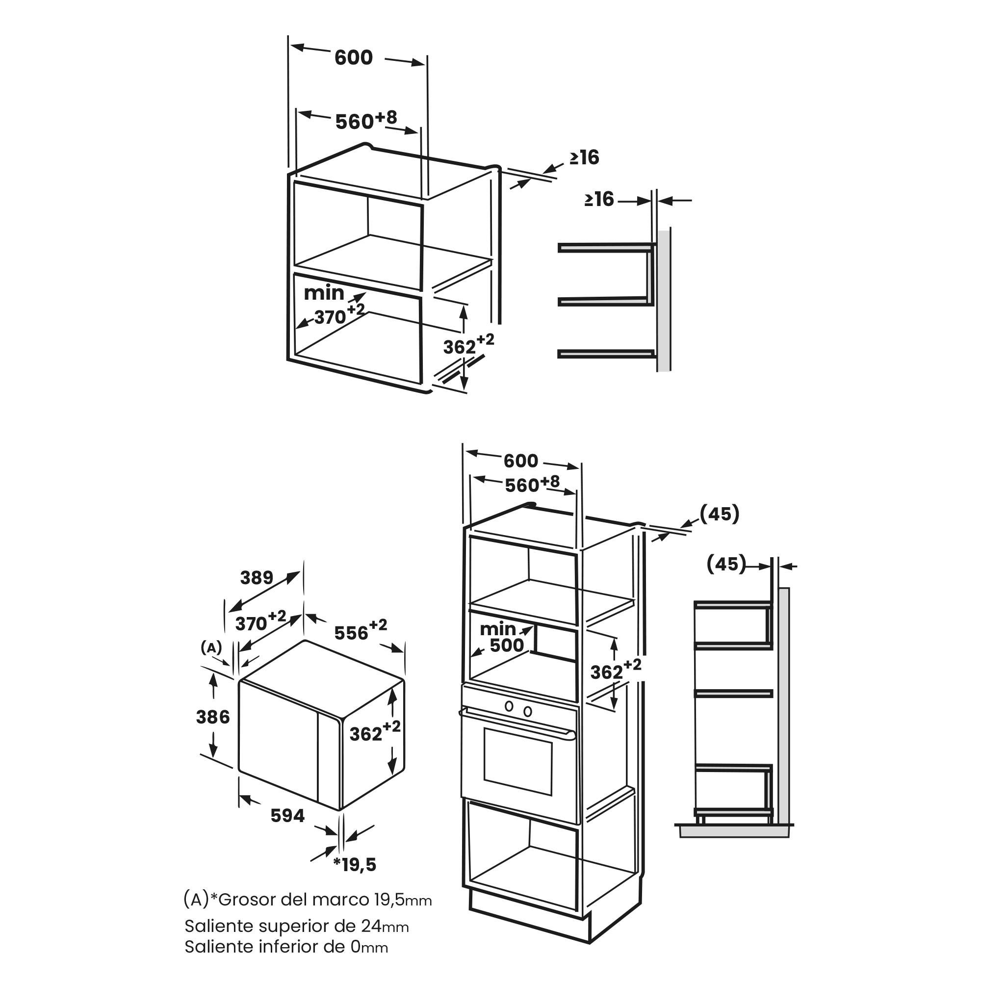 Dibujo técnico de electrodomésticos de cocina empotrados con dimensiones en milímetros. Incluye horno, microondas y armarios.