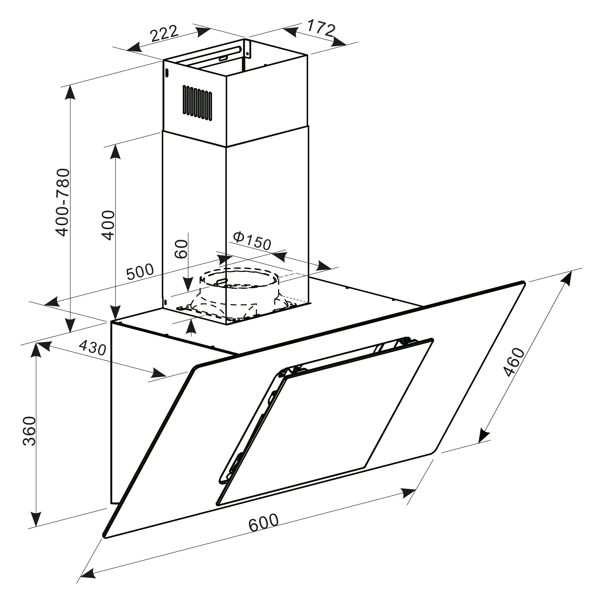 Dibujo técnico de una campana extractora. Se marcan dimensiones y ángulos. La campana es en blanco y negro, con dimensiones.