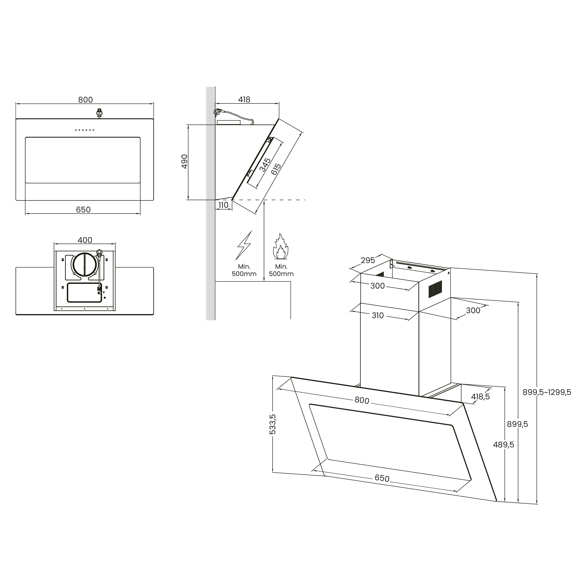 Dibujo técnico de una campana extractora con dimensiones y detalles de las partes.