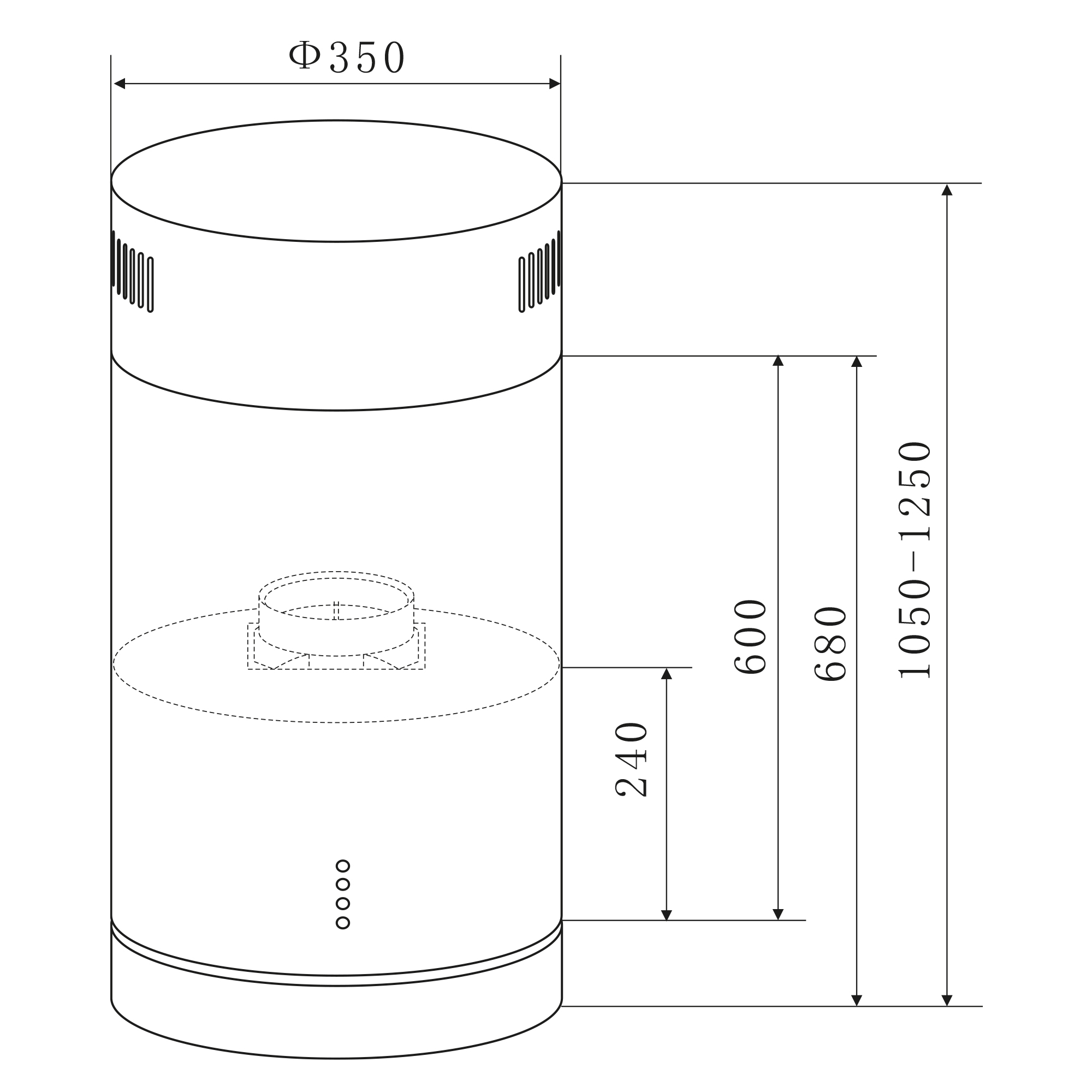 Dibujo técnico de un objeto cilíndrico con dimensiones. Incluye un círculo interior punteado y dimensiones.