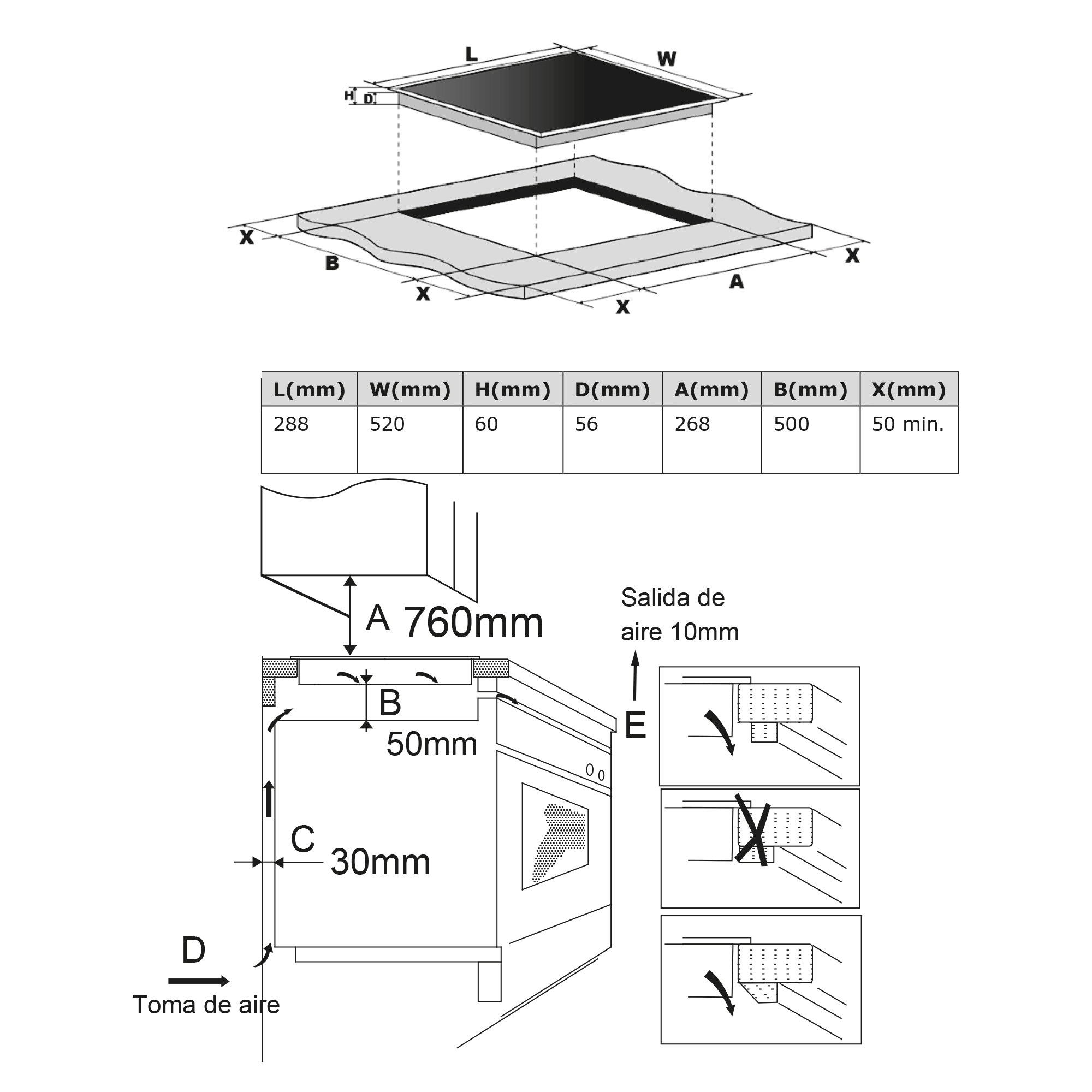 Diagrama de una encimera con dimensiones y un horno que muestra detalles de entrada y salida de aire.