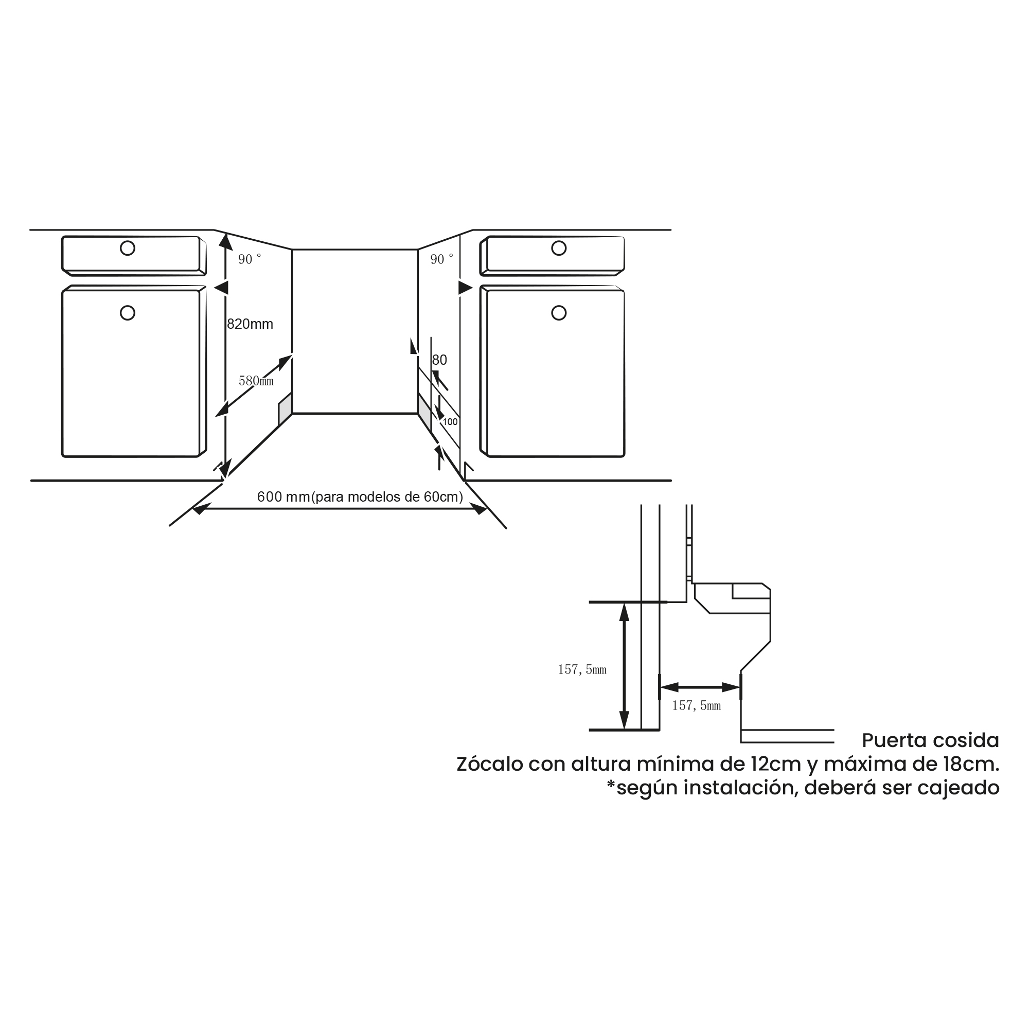 Diagrama con dimensiones de dos armarios, vista lateral de un inodoro y texto en español sobre la instalación.