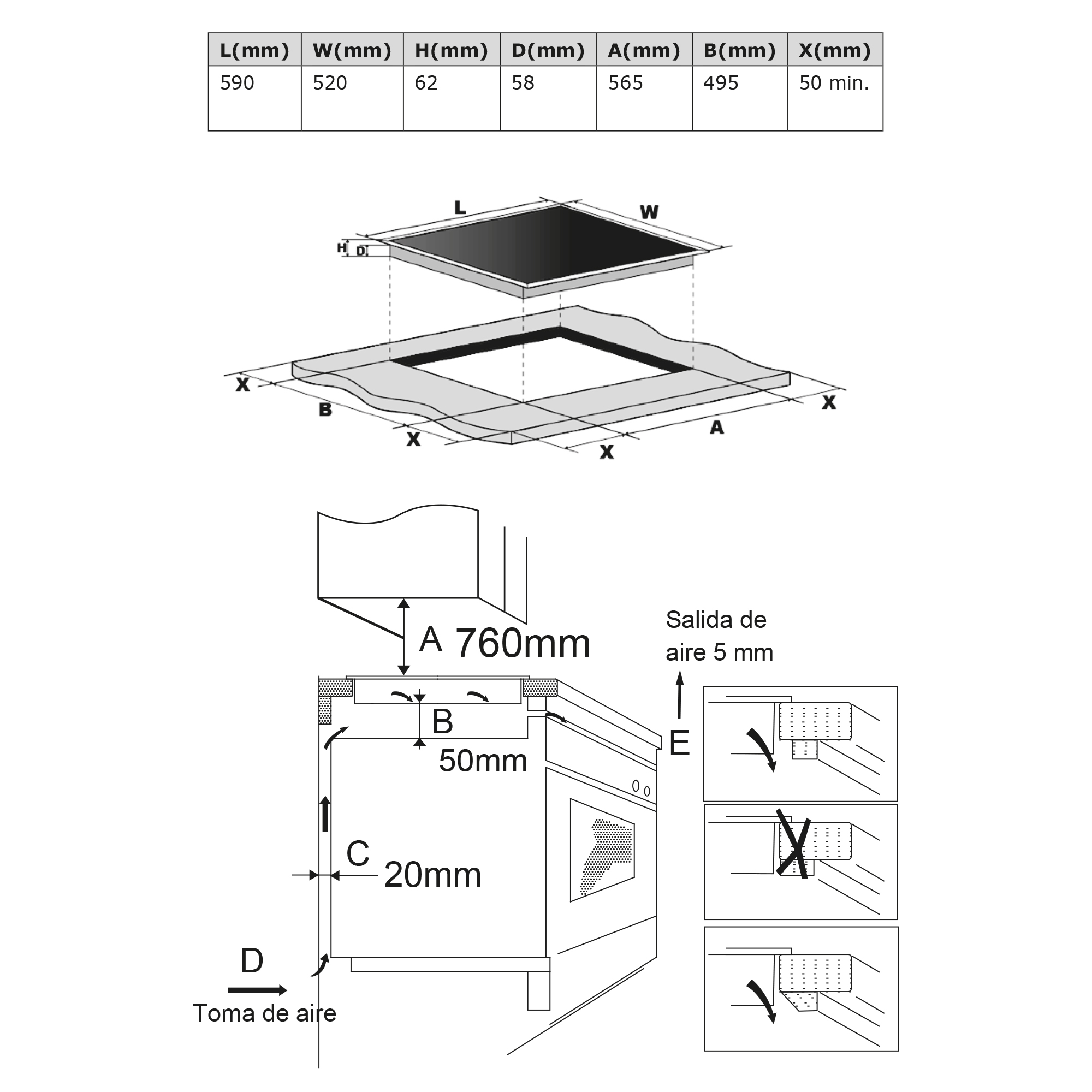 Diagrama de una encimera con dimensiones y detalles de instalación, incluyendo especificaciones de entrada y salida de aire.