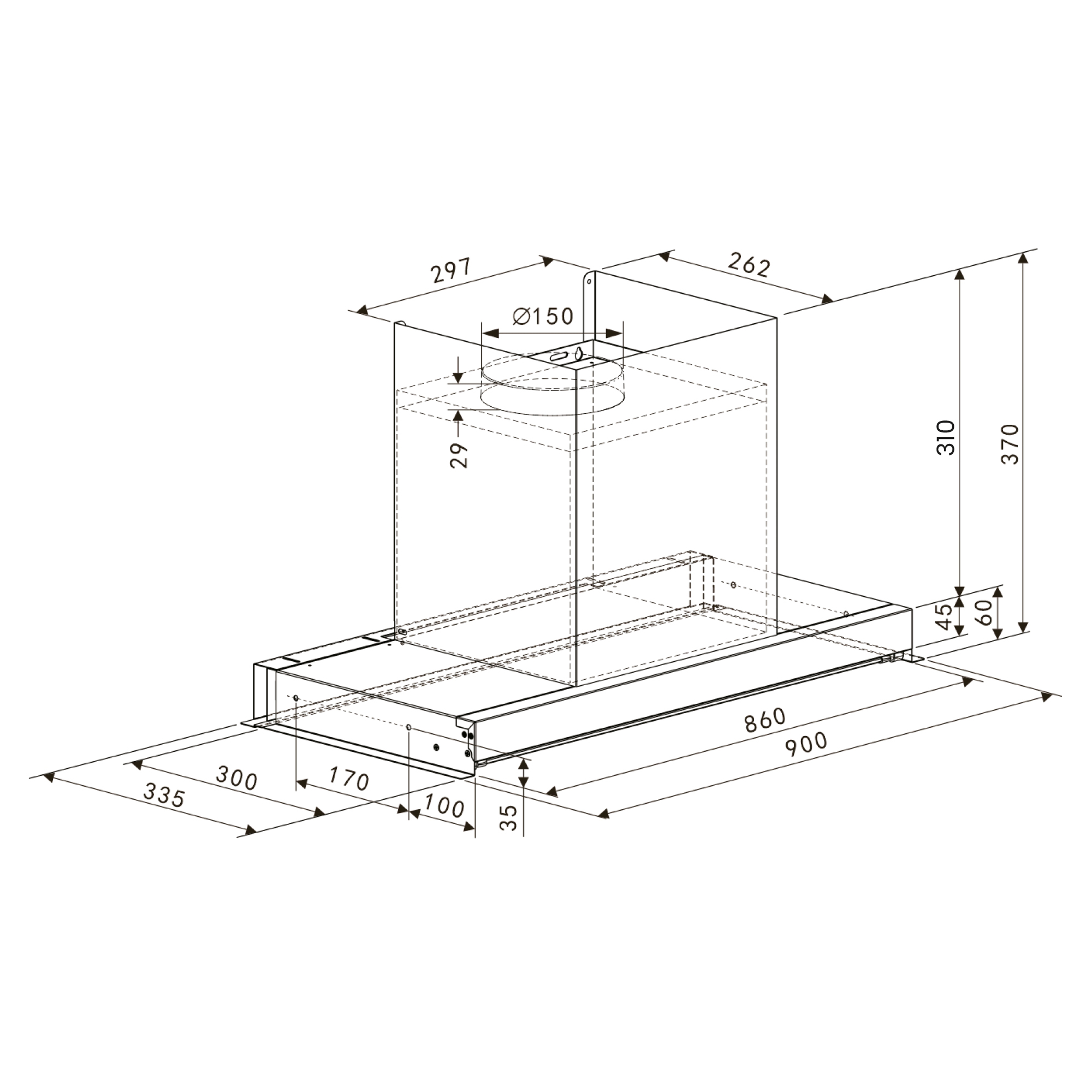 Dibujo técnico de una campana extractora. Muestra dimensiones, incluyendo longitudes, alturas y un diámetro, en milímetros.
