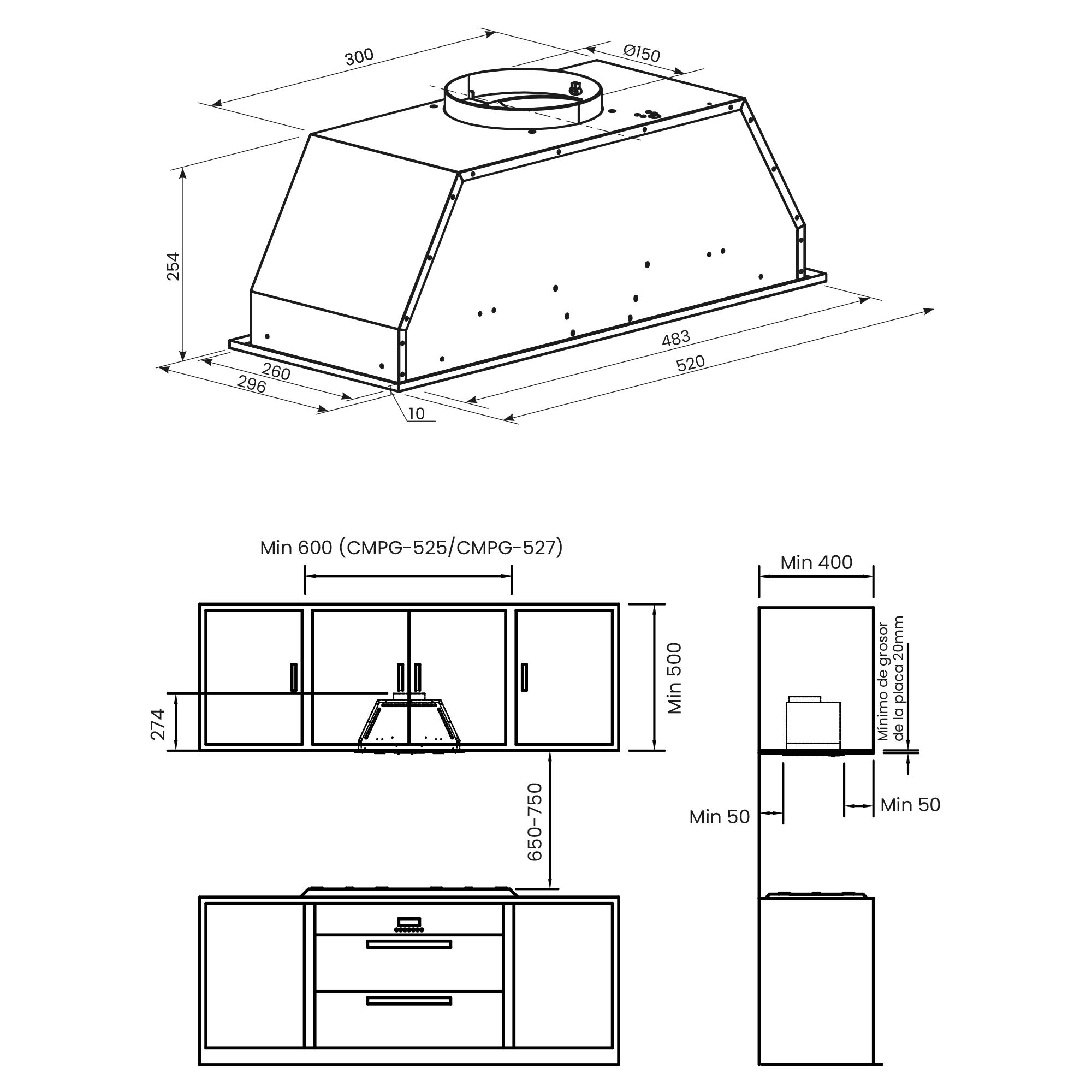 Dibujo técnico de campana extractora con dimensiones e instrucciones de instalación, diagramas de armarios.