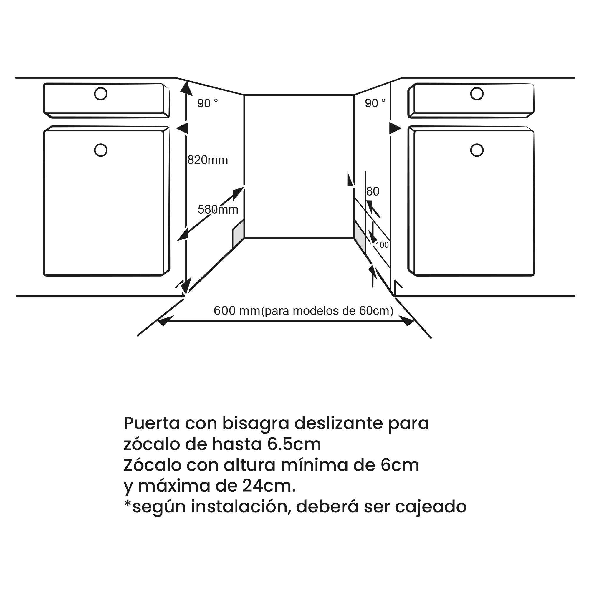 Diagrama de una estructura de armario. Incluye medidas, ángulos y texto en español. Tiene una puerta con bisagra corredera.