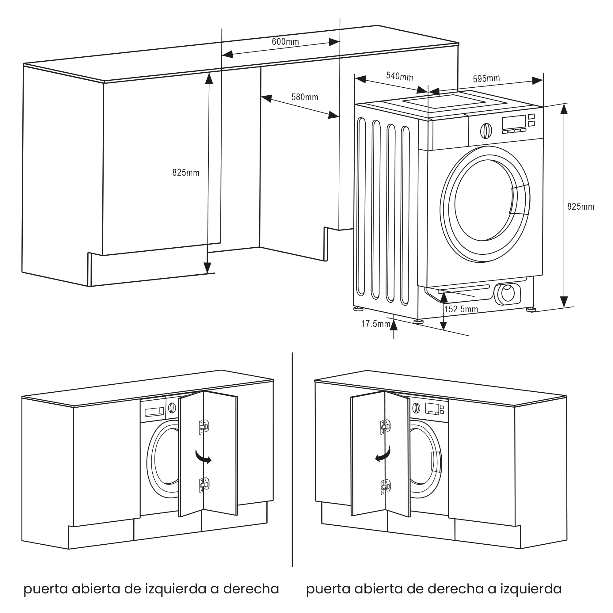 Diagrama de lavadora con dimensiones. Armarios a ambos lados. Puertas se abren izquierda y derecha.