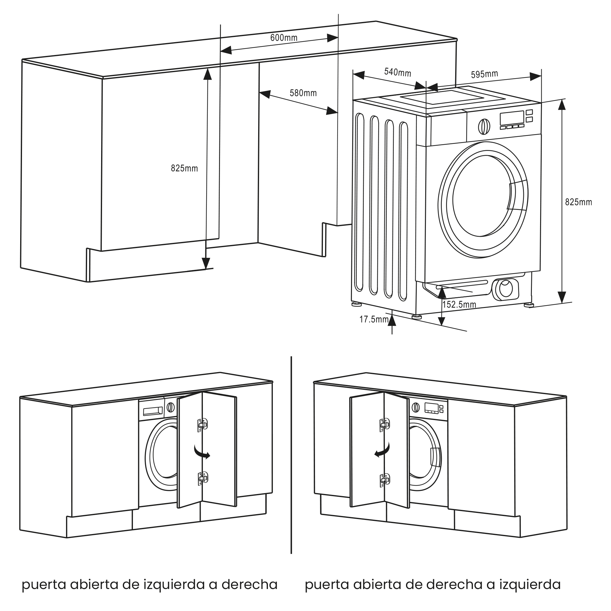 Diagrama de una lavadora con medidas. Dos armarios con puertas abiertas, mostrando cómo se abren las puertas.