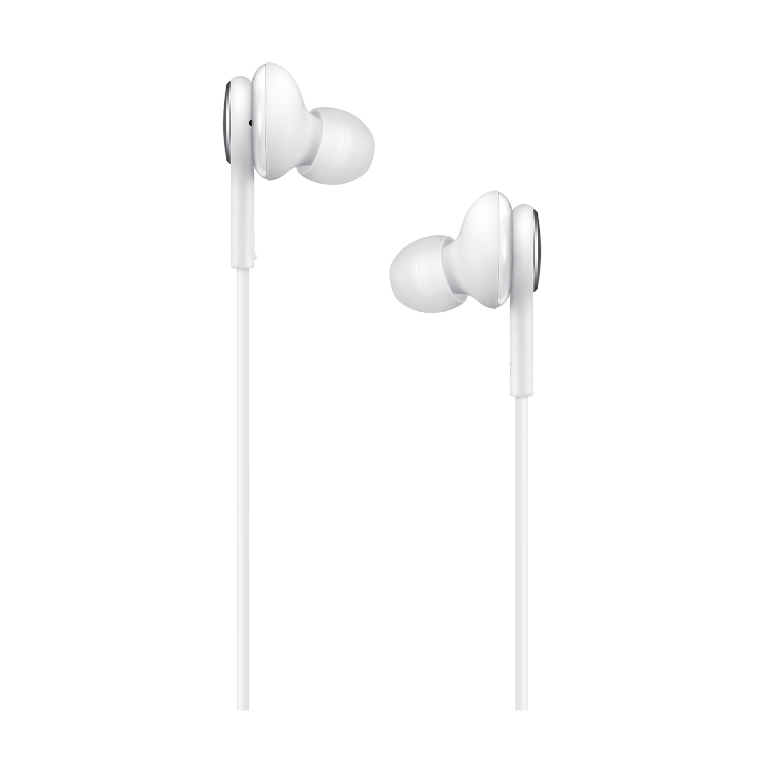 Due auricolari bianchi con cavi bianchi, isolati su sfondo bianco. Ogni auricolare ha una forma arrotondata.