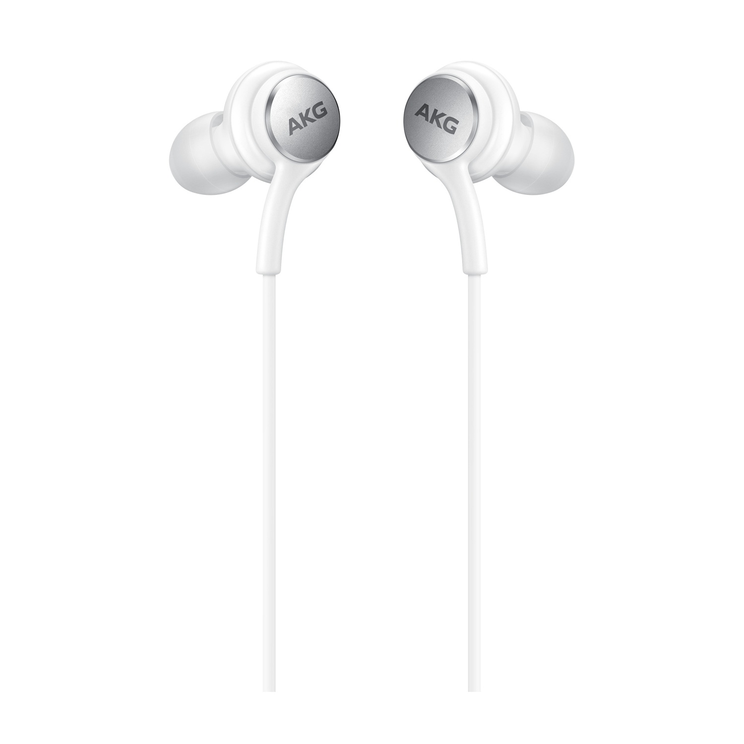 Due auricolari AKG bianche su sfondo bianco. Ogni auricolare ha il logo AKG. I cavi pendono verso il basso.