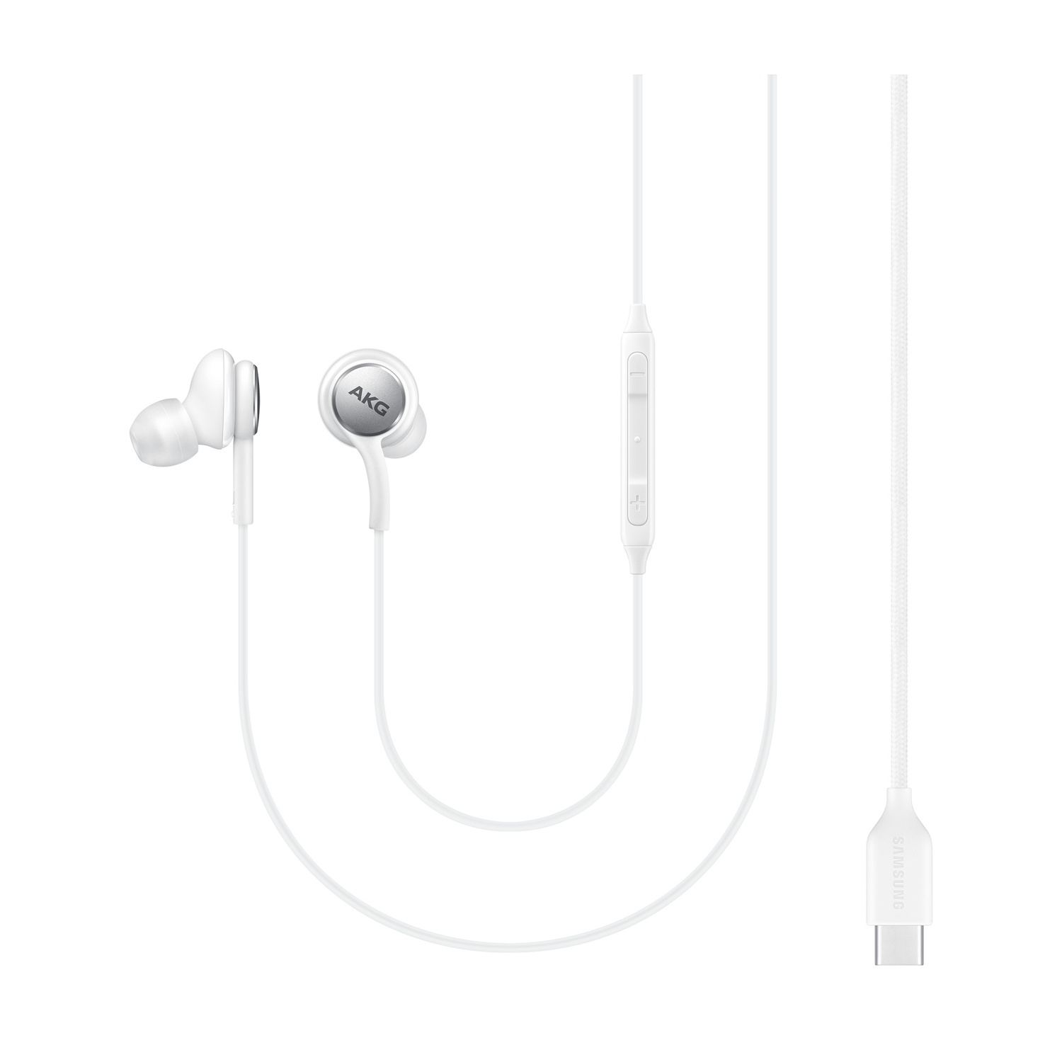 Auricolari AKG bianchi con modulo di controllo e connettore USB-C. Gli auricolari sono collegati con fili bianchi.