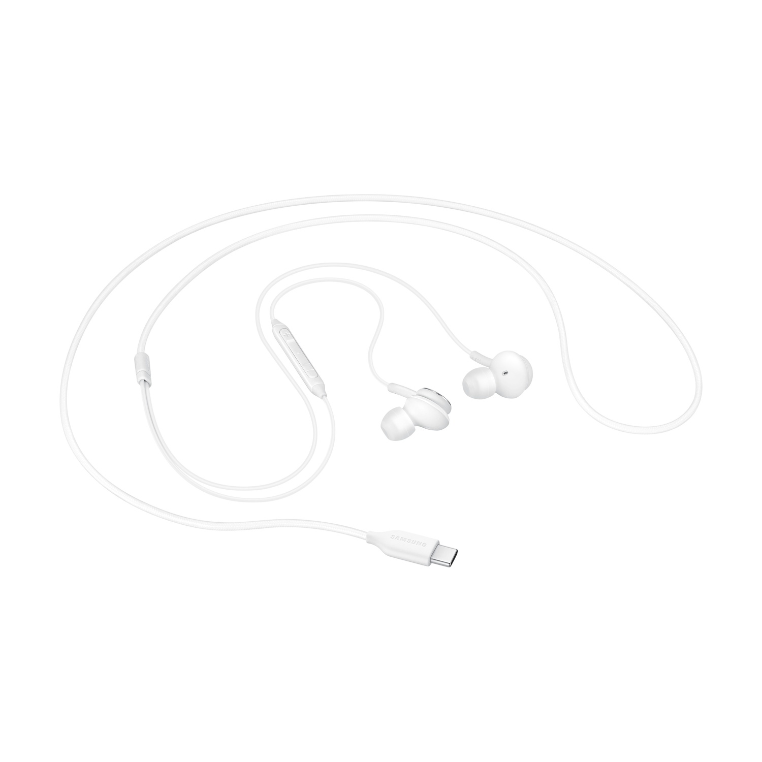 Auricolari bianchi con cavo e connettore USB-C su sfondo bianco. Il marchio è visibile sul connettore.