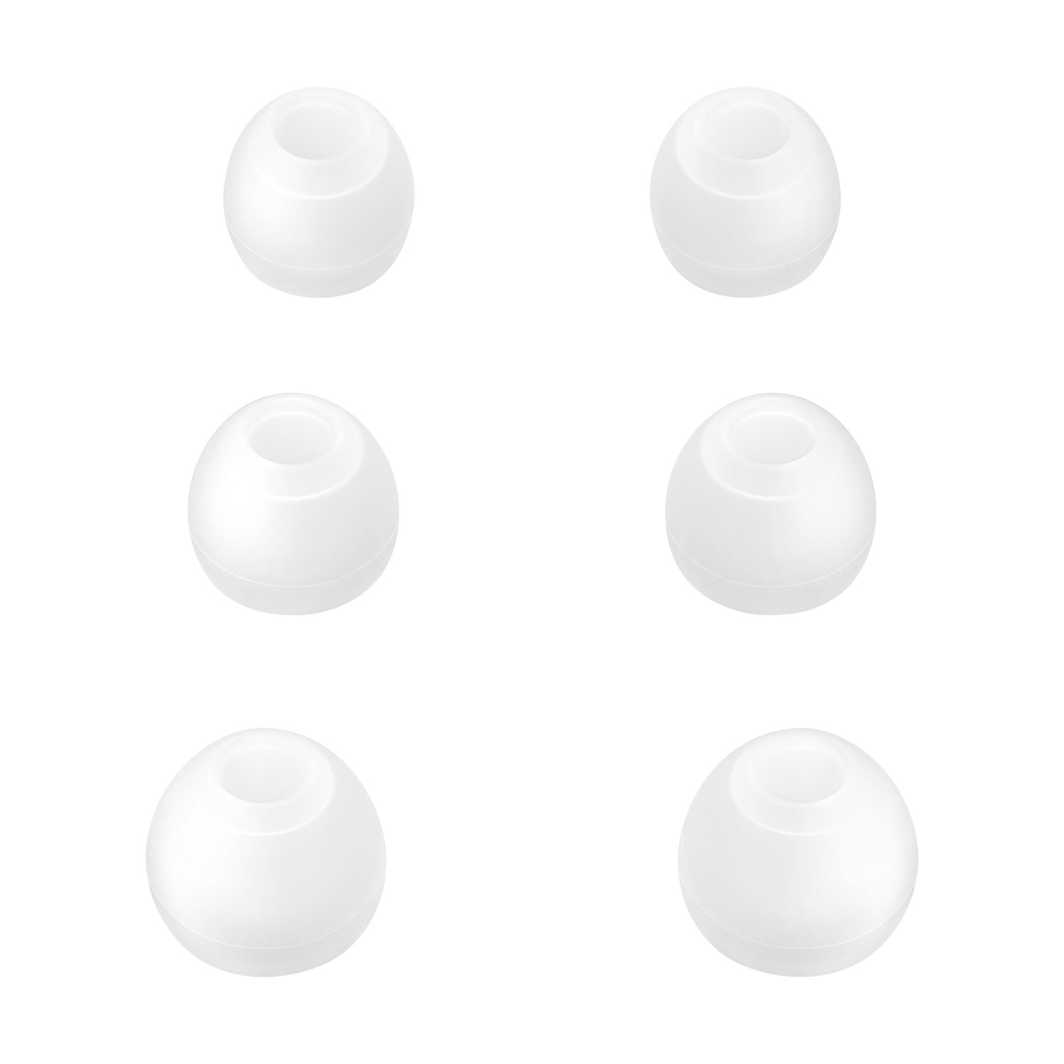 Sei punte bianche e arrotondate per auricolari sono disposte in due file da tre, su sfondo bianco. Ognuna ha un'apertura centrale.