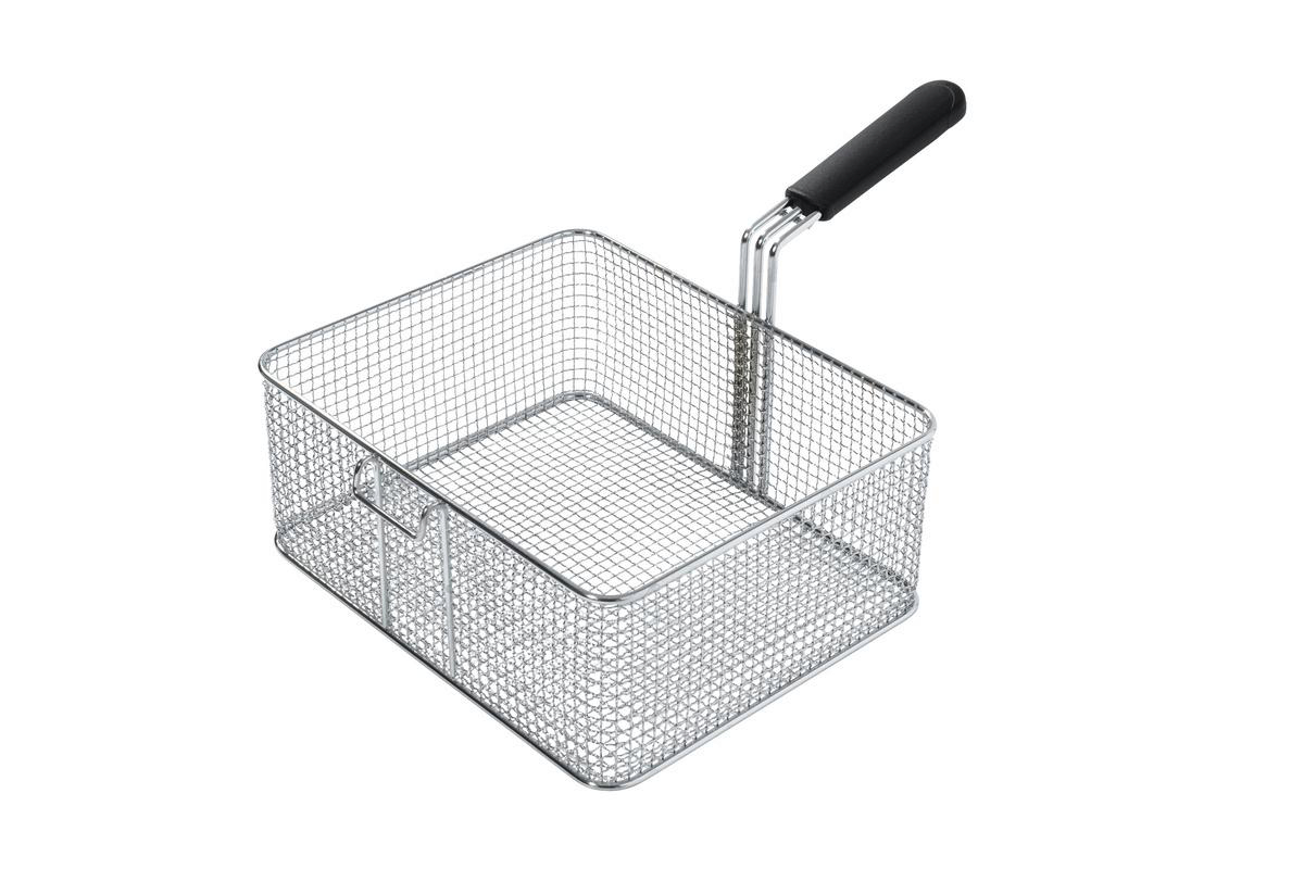 Ein rechteckiger Metall-Fritteusenkorb mit schwarzem Griff auf weißem Hintergrund.