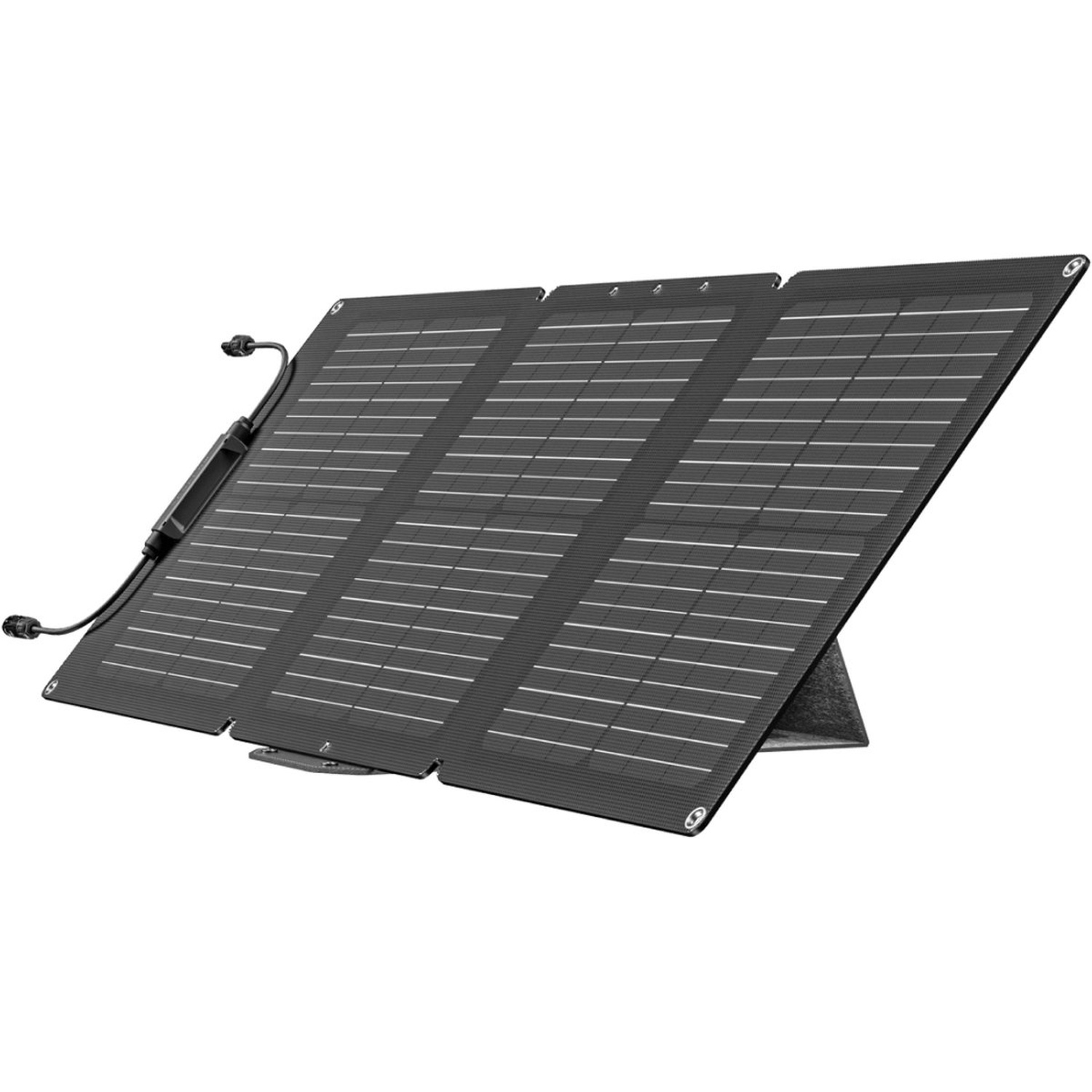 A foldable solar panel, black with white lines, is propped up. Cables extend from the panel. The background is white.